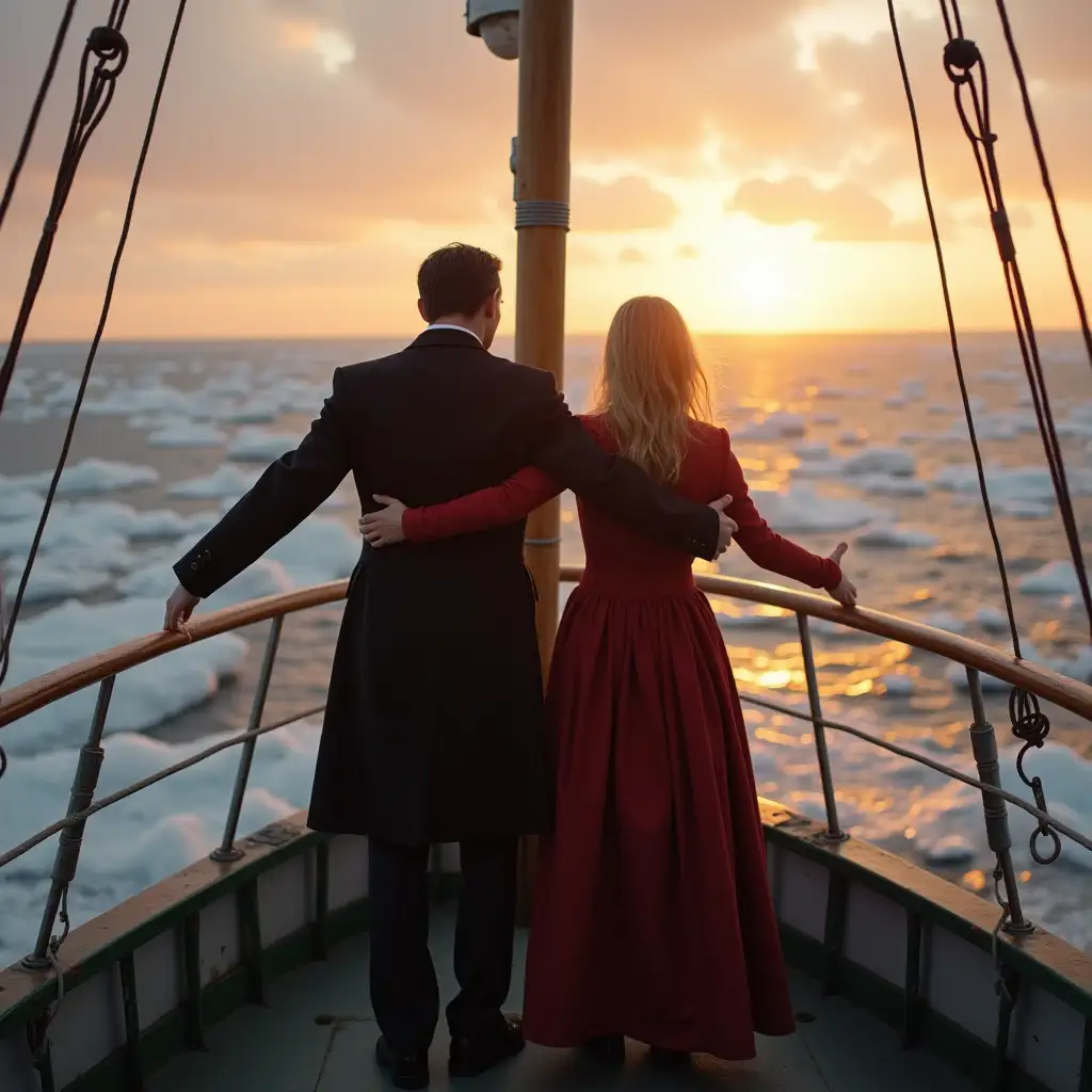 Jack (Leonardo DiCaprio) and Rose (Kate Winslet) on the ship’s bow, arms outstretched, icy Atlantic Ocean and sunset in the background.