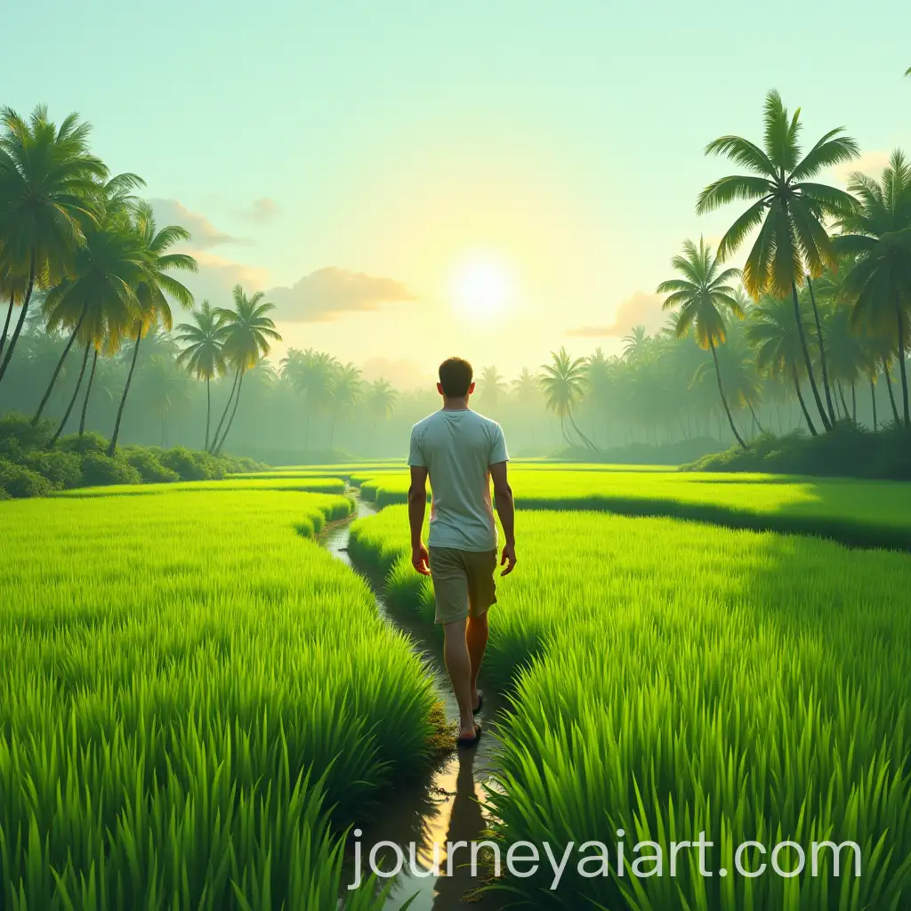 Man-Walking-on-Green-Paddy-Fields-with-Arecanut-Plantation-and-Waterfalls