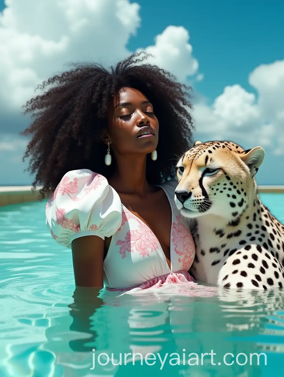 Glamorous-Fashion-Editorial-with-DarkSkinned-Model-and-White-Cheetah-in-Tropical-Setting
