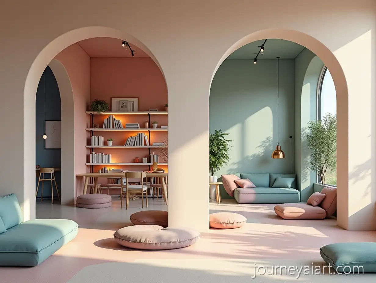 Interior-Design-Concepts-Featuring-ArchesInterior-design-concepts-and-Muted-Pastel-Color-Palette-in-Art-Studio-Library-and-Cafe
