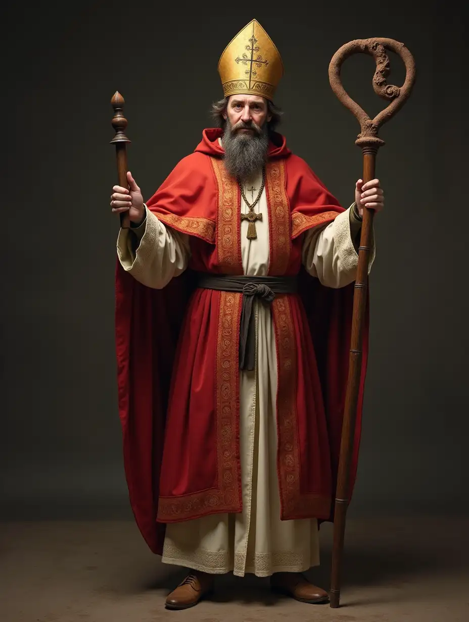 Create a full body image of a Middle Ages bishop holding his crozier.