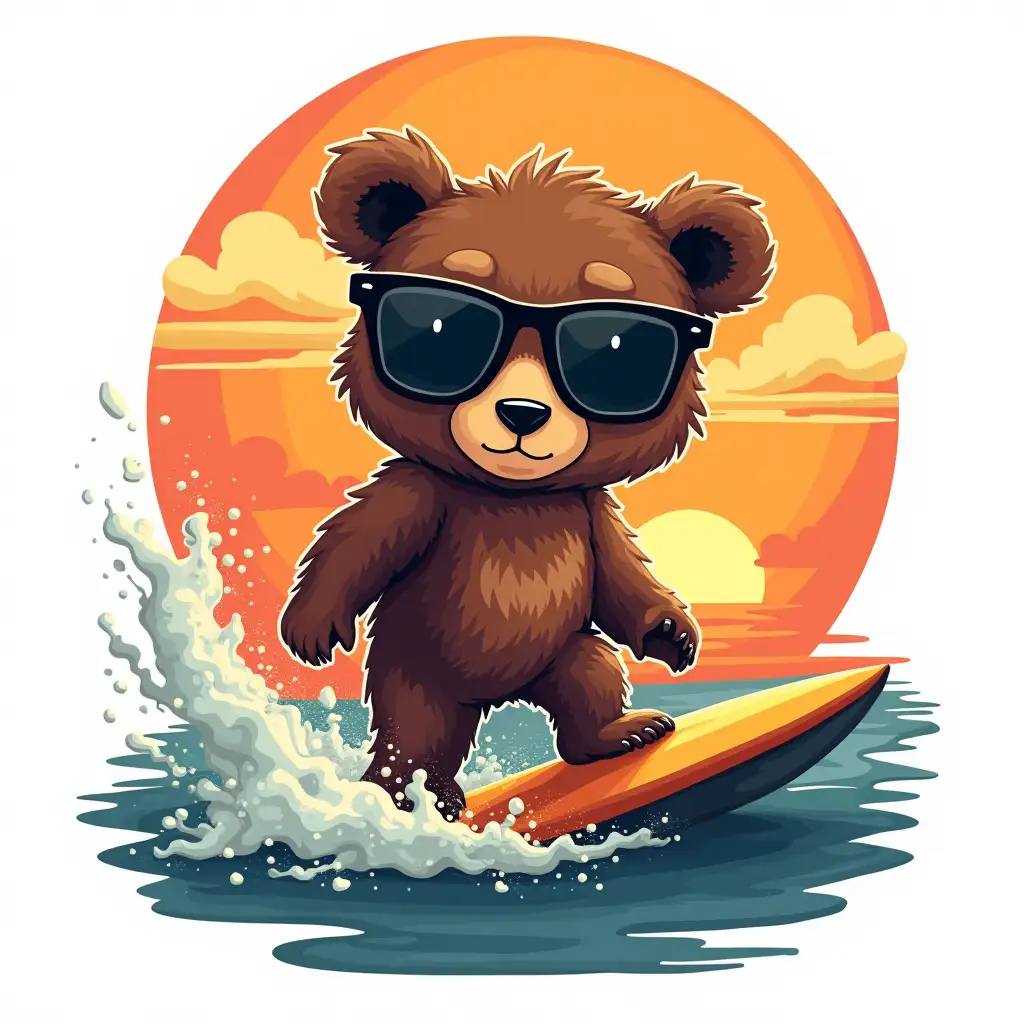 A beautiful and cute bear cub in black glasses surfing a vintage sunset in the style pop art white background for print on T-shirt