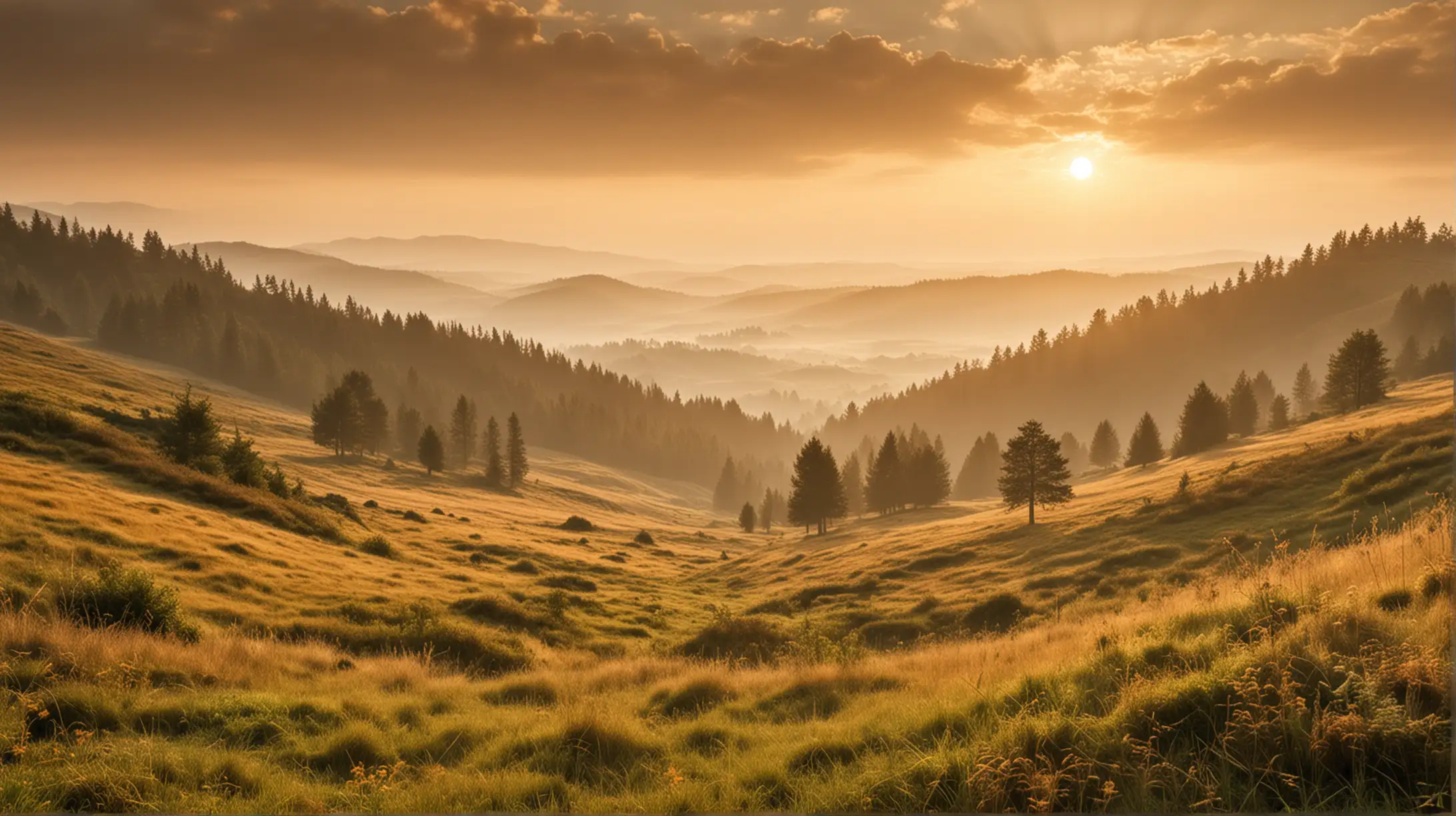 Serene Woods and Grassy Hills under a Golden Hazy Sky