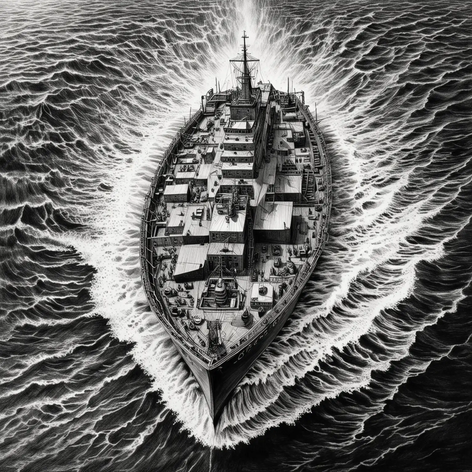 Aerial View of a Majestic Boat on the Sea Black and White Pen Drawing