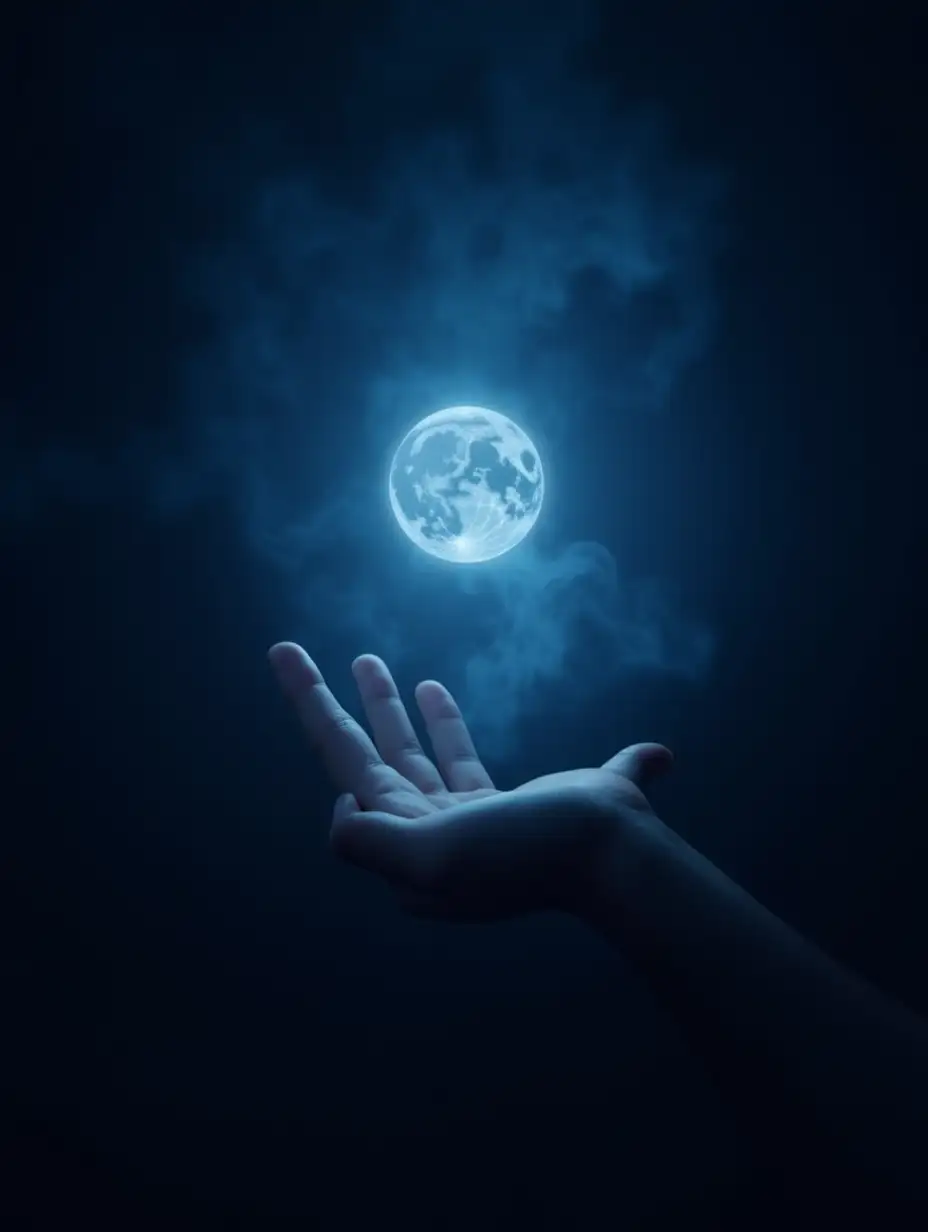 dark blue magical background, hand, and magic on the hand, magic ball