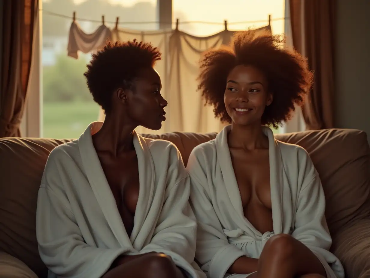 Two-African-Women-in-Bathrobes-Hanging-Laundry-in-the-Garden-at-Dawn