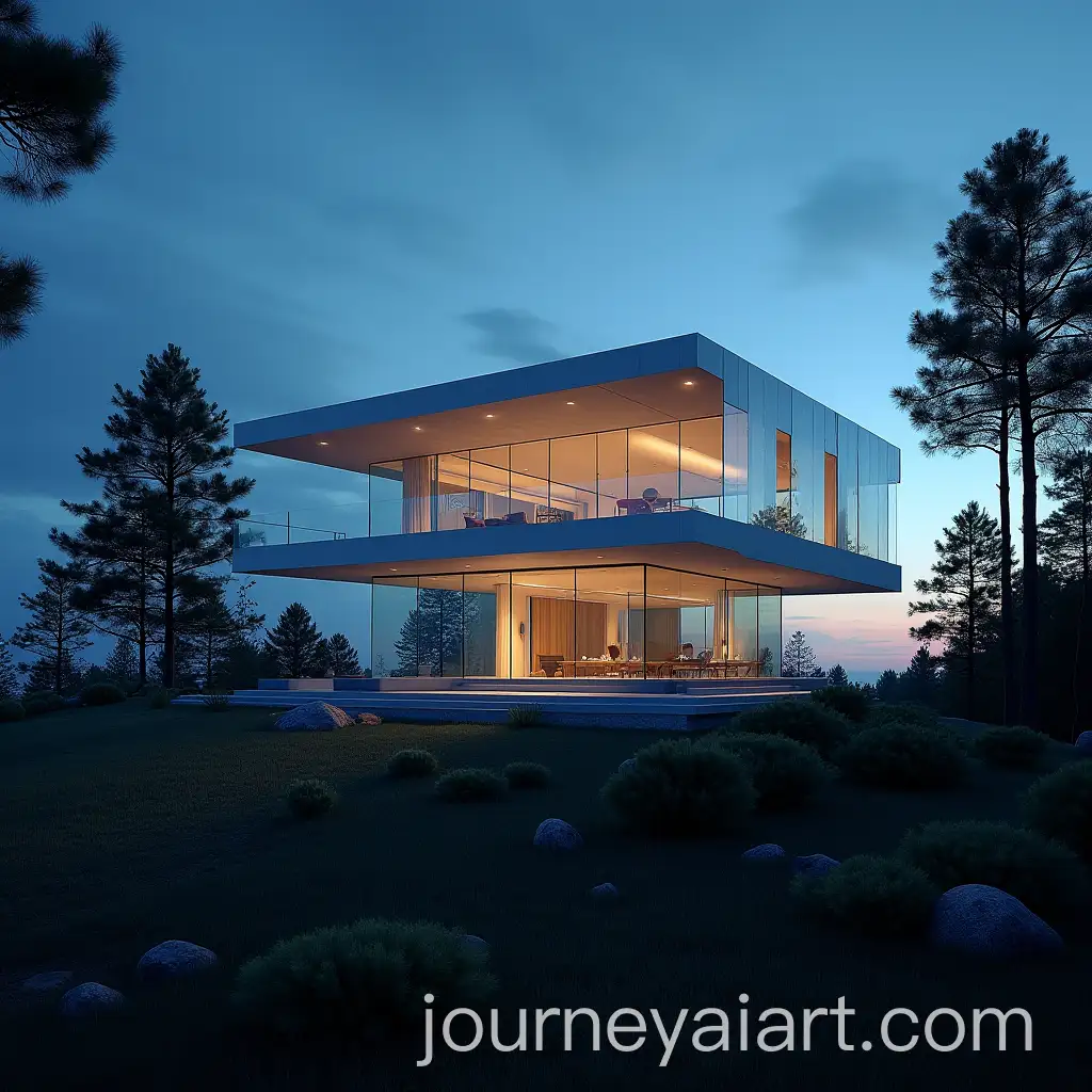 Futuristic-Glass-and-Metal-House-at-Night-Overlooking-City-and-Sea