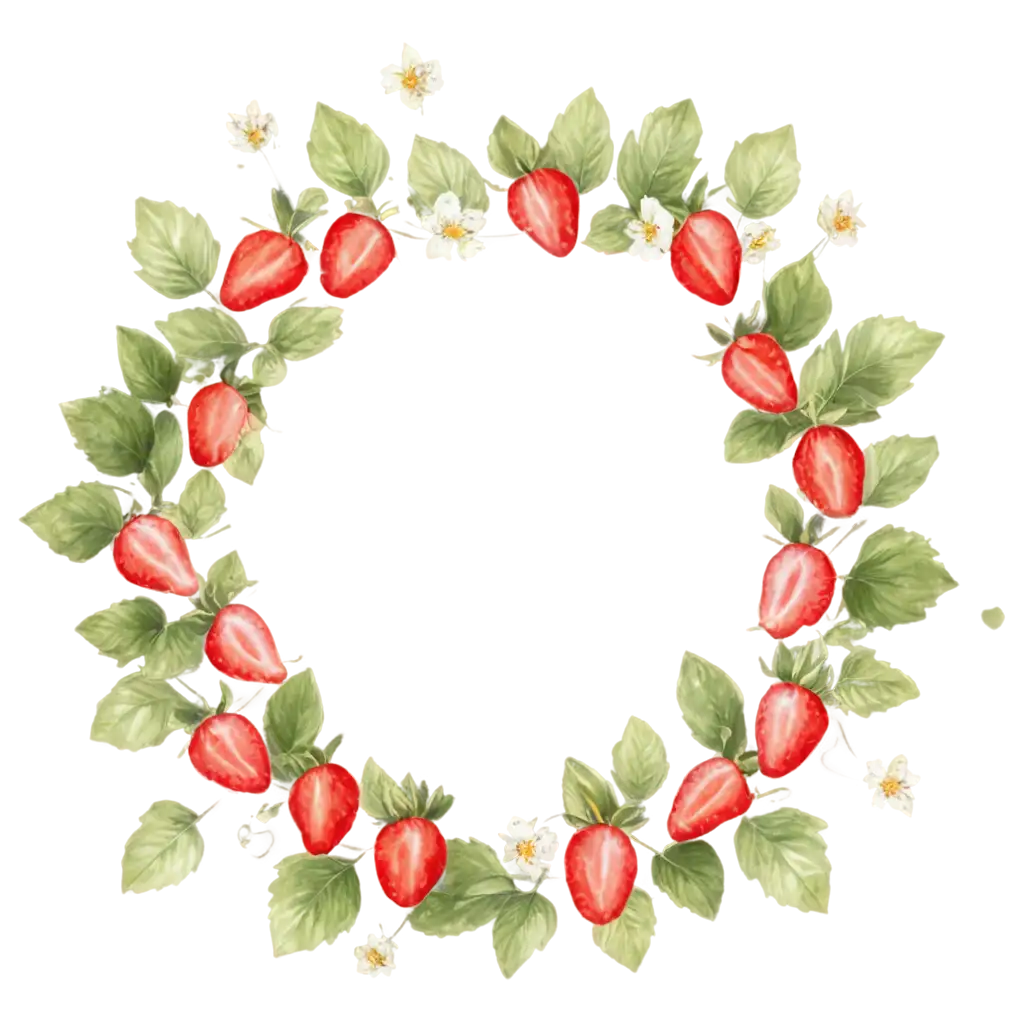 Strawberries-and-Strawberry-Flowers-Wreath-PNG-Image-Hand-Drawn-Watercolor-Style