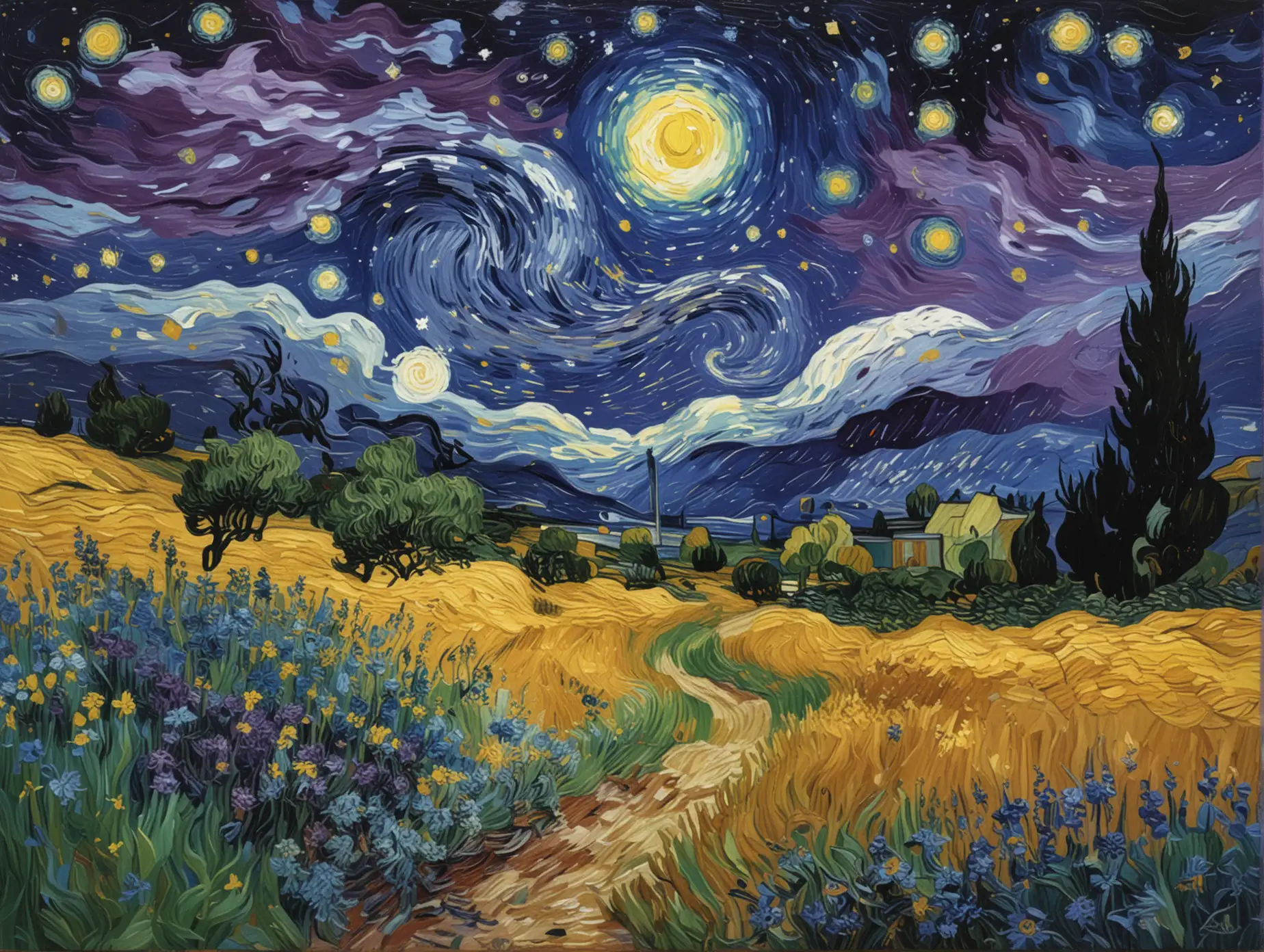 A dramatic night sky inspired by Vincent van Gogh’s Starry Night, focusing on the swirling stars and deep purples. The sky is filled with Van Gogh's iconic circular stars in rich yellows and whites, with deep blues and purples swirling around them. Simplify the landscape below with soft, flowing hills in dark blues and purples, allowing the sky to dominate the composition. The overall color palette is limited to deep blues, purples, and vibrant yellows, maintaining Van Gogh’s expressive brushstrokes while keeping the scene visually balanced.