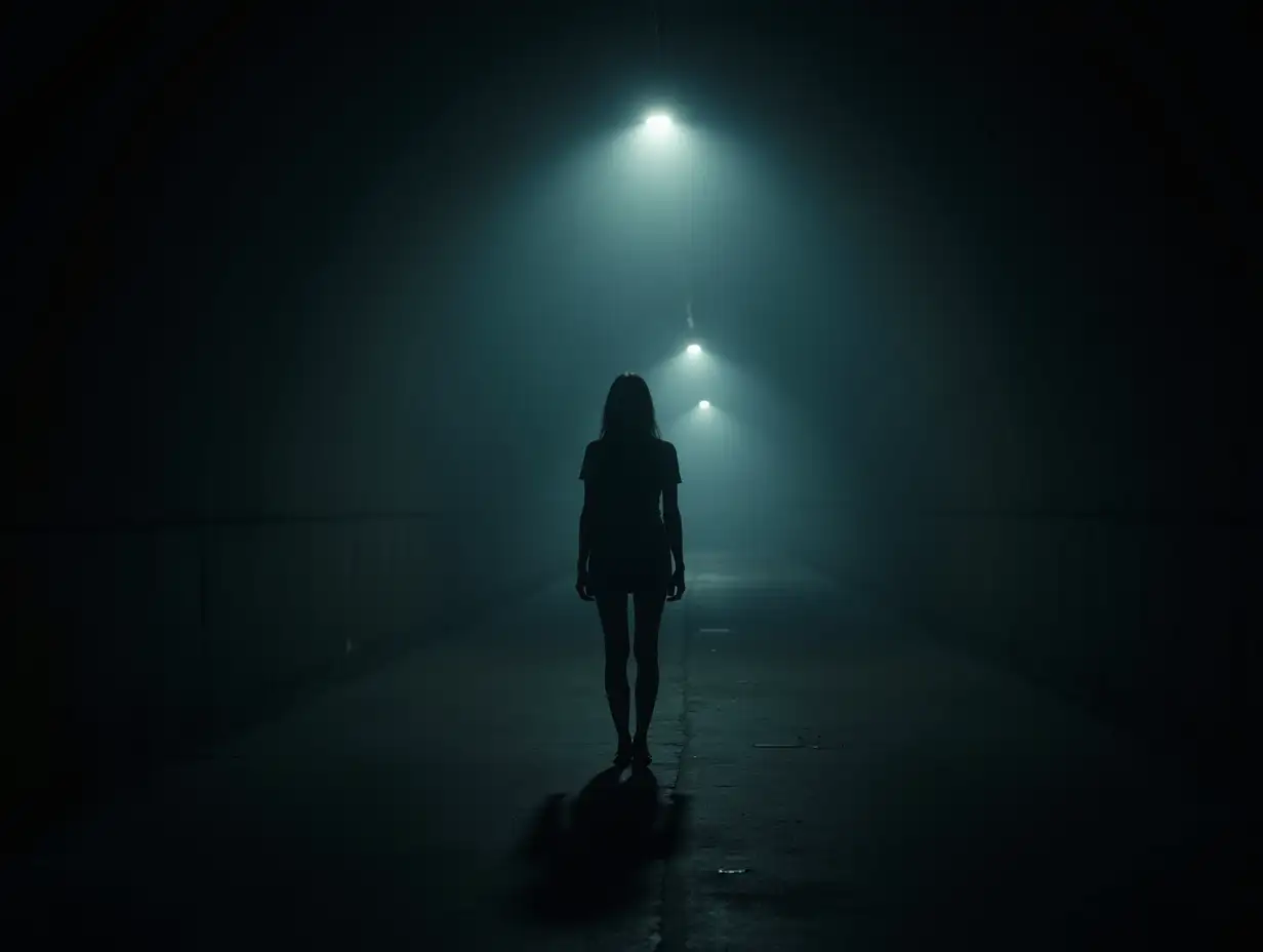 Dark tunnel. A woman stands with a scary atmosphere