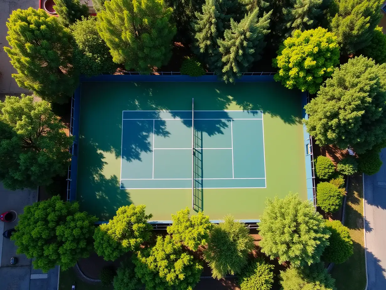 Aerial-View-of-Tennis-Court-Surrounded-by-Trees-in-Vibrant-Urban-Setting