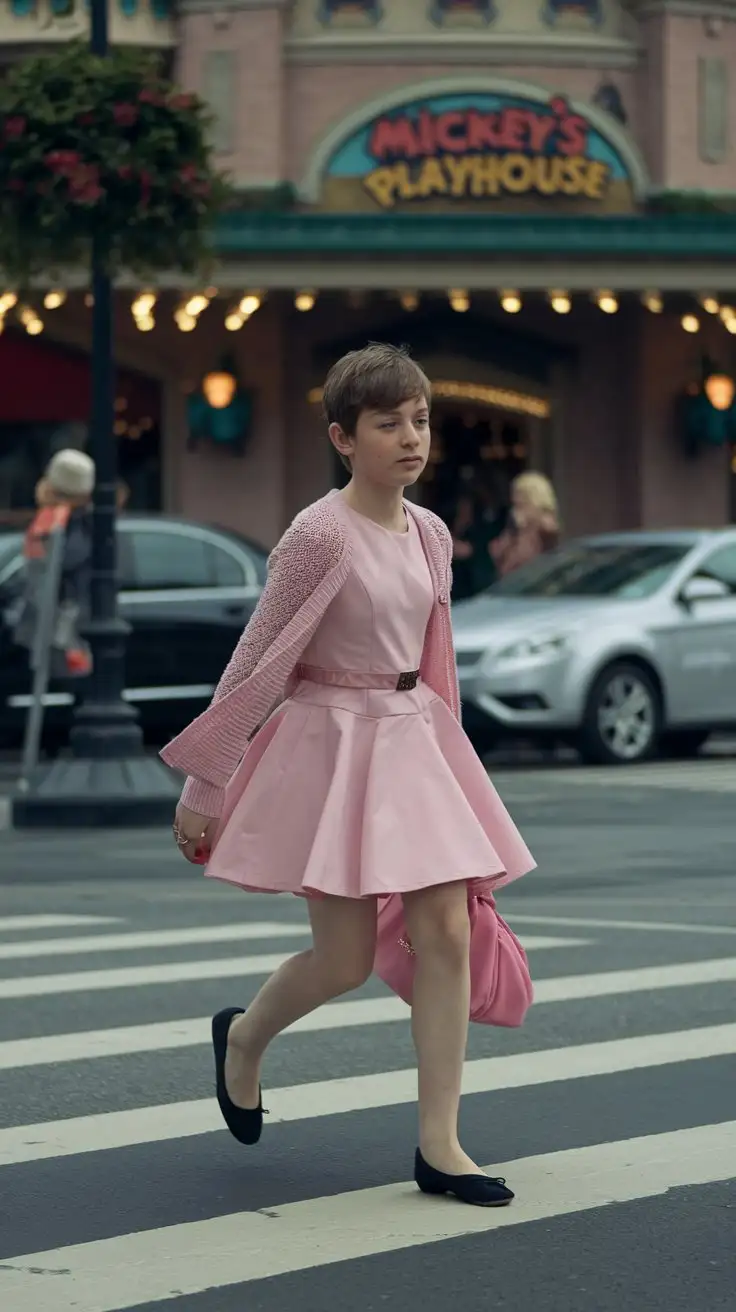 little young boy wearing pink skater dress and black ballet flats and walking over a zebra crossing