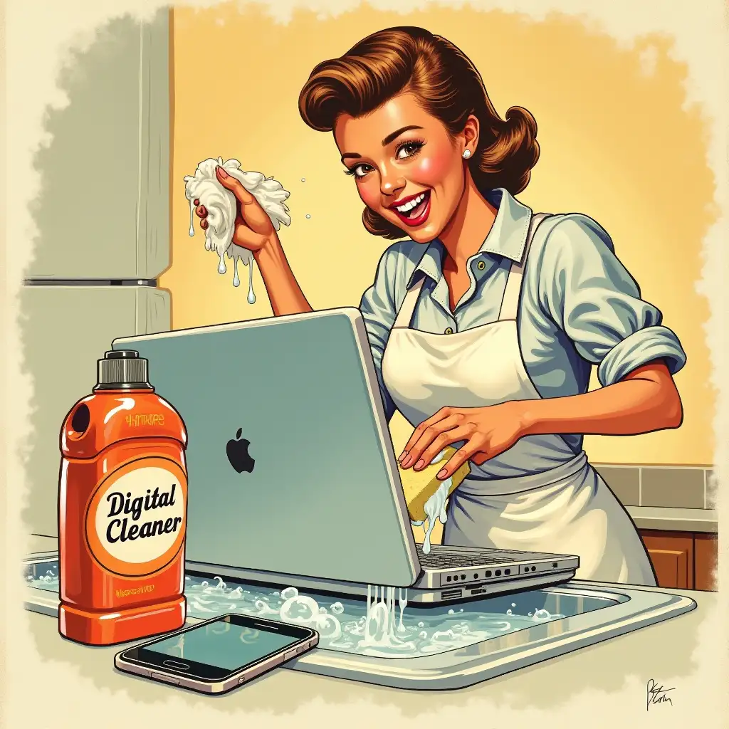 A 1950s vintage-style advertisement illustration featuring a smiling person enthusiastically cleaning a laptop and a smartphone as if they were dishes. The person, dressed in a classic retro apron and rolled-up sleeves, uses a sponge to scrub the laptop screen, creating sparkling, exaggerated shine effects. The smartphone sits in a sink full of soapy water, with bubbles floating around. A vintage-style box labeled ‘Digital Cleaner’ is prominently displayed, resembling an old detergent package. The background features a warm, pastel-toned kitchen setting with a slightly faded color palette, mimicking mid-century commercial illustrations. The image has a hand-painted, textured brushstroke style, ensuring a nostalgic yet humorous feel. No additional text is present, ensuring a clean and visually striking composition.