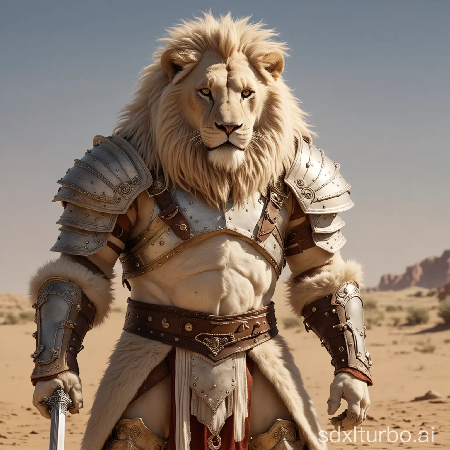 Majestic-White-Lion-Gladiator-in-Leather-Armor-Fighting-in-Arena