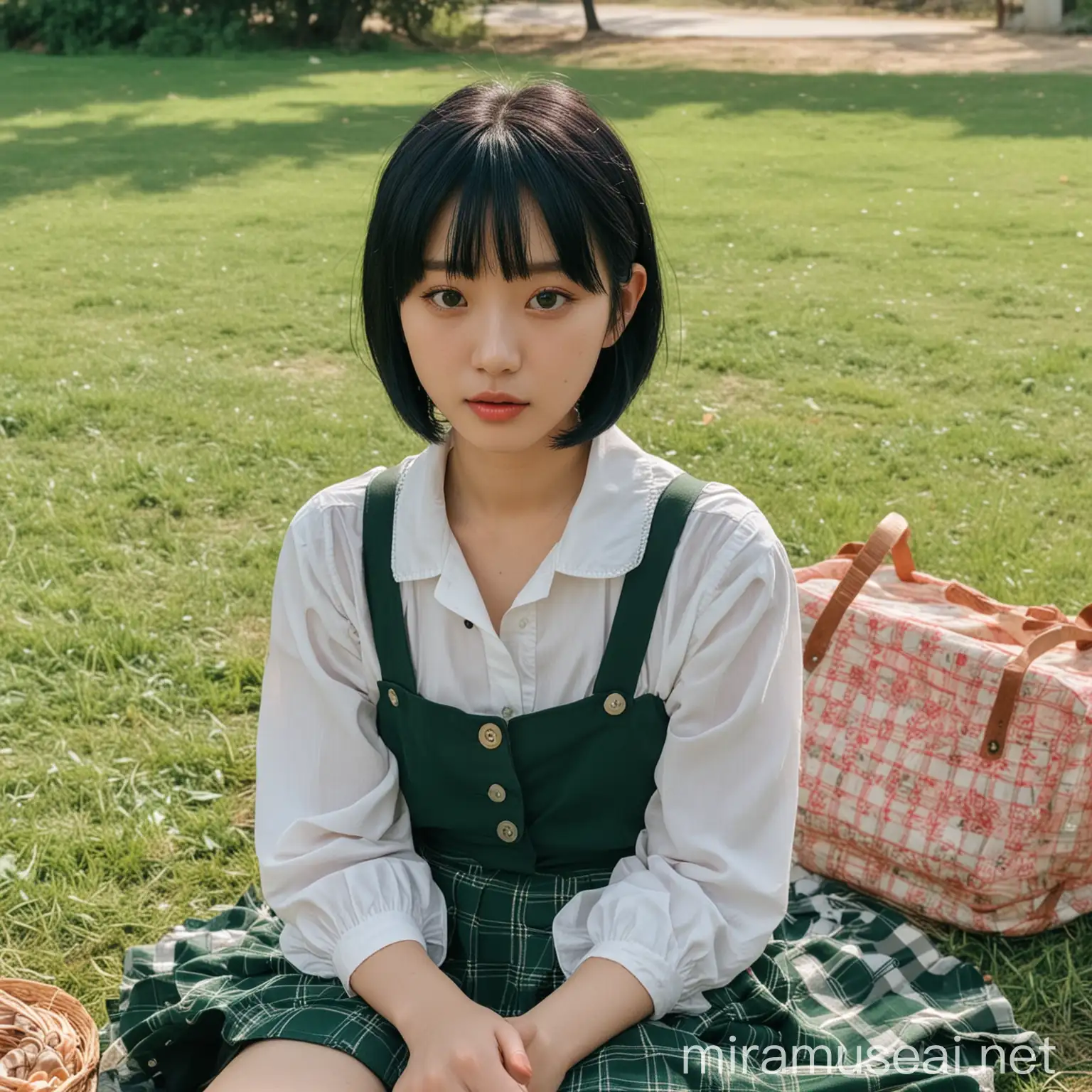 Korean Girl with Green Hair Accessories Sitting on Picnic Blanket