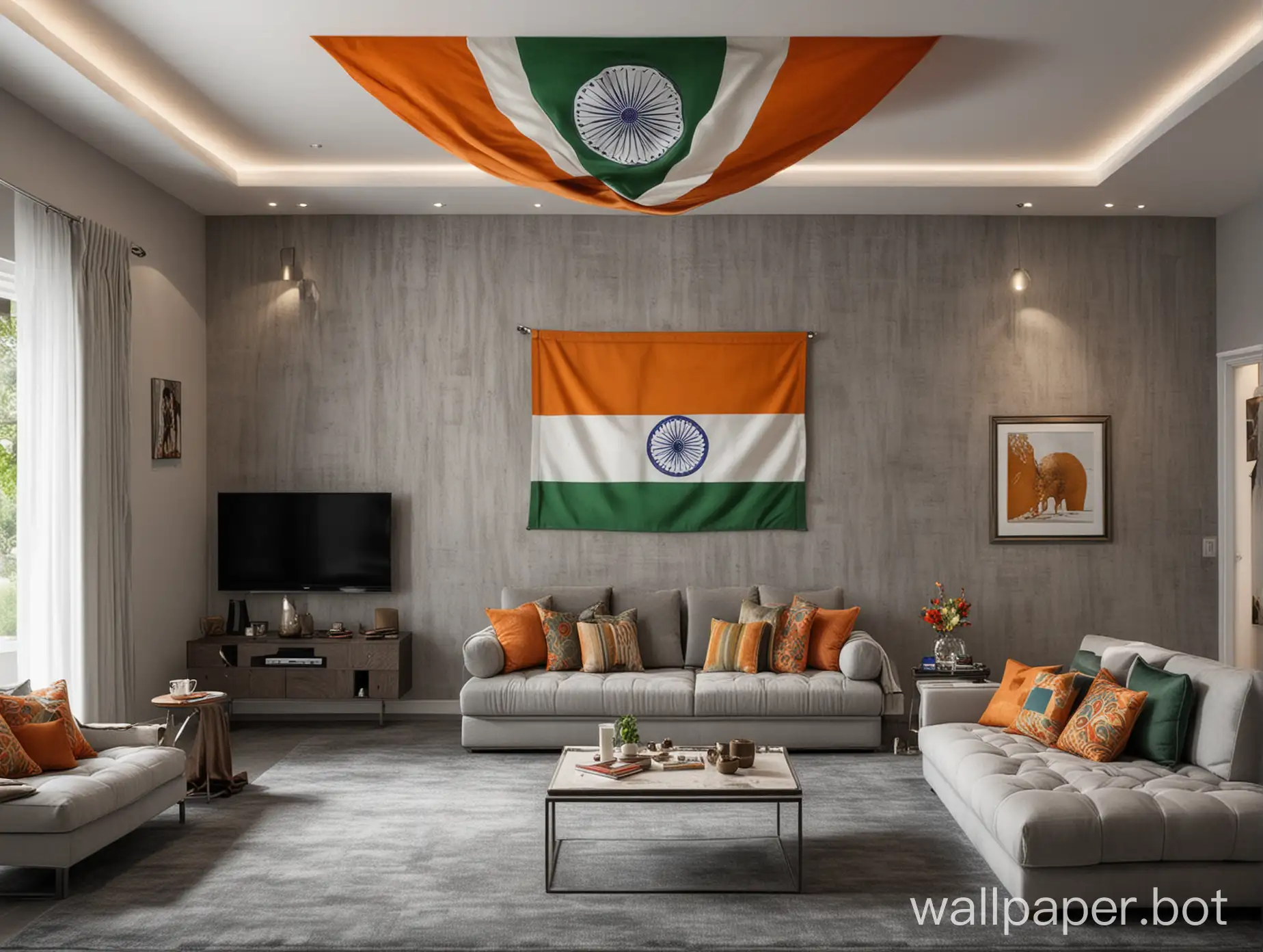 A perfect living area where a table and sofa is placed on a gray carpet and tv is placed on a stand beautifully designed, the sofa should have indian flag colour and indian flag should be there on table and over all theme should be grey and Happy Independence 75th should be written on the wall and this wish is from grayspace Interiors