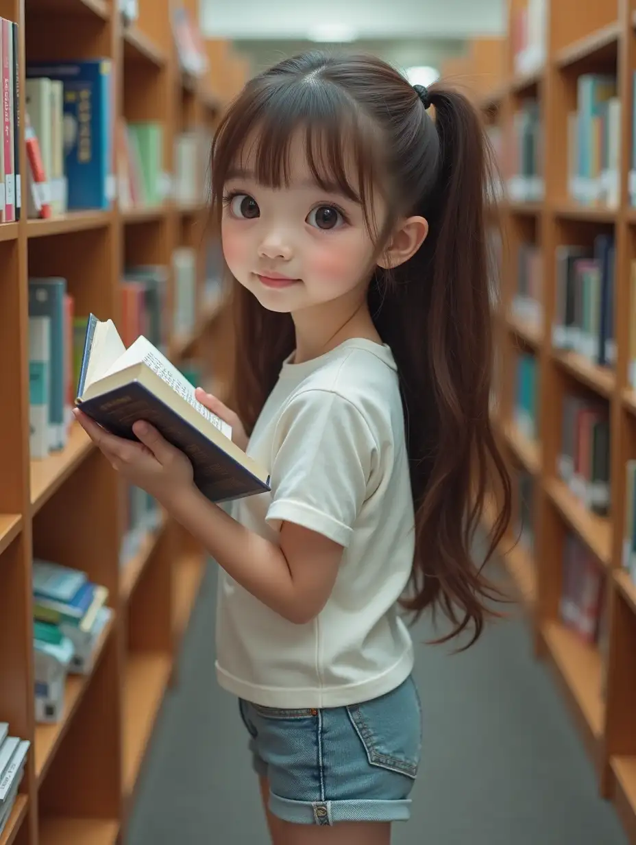 hyper realistic photograph. A 17-year-old Korean girl with long, natural brown hair in a twin tail, big lively eyes, straight nose bridge, thin pink lips, baby face, flawless skin, belly button, long legs, wearing short jeans and white cloth shoes, browsing books in a library. full body side shot, Sharp background. masterpiece.