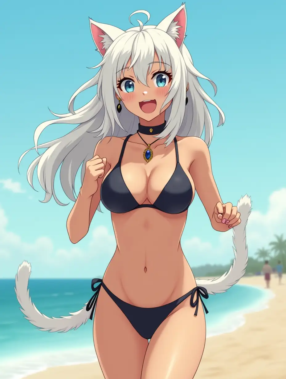 A mature adult feline/woman active running down a beach. Her 30-something years are disguised by her youthful facial features, except for her subtle wrinkles around the eyes, extremely slender body. Her ample bosom strains against her bikini, extreme cleavage.  Wearing black shoes. She has piercing blue cat eyes. A choker adorns her neck, a subtle hint at her feline nature. Her long, white hair cascades down her back like a wild waterfall, tangled and disheveled. Her cat-like teeth glint in the light, as her white fur-lined ears punctuate her visage with sparkling black and gold earring adorns each ear, adding a touch of elegance to her feline features. Cat whiskers on her face. The attached tail at the base of her spine stirs lazily.  Long fingernails. Full view. Anime.