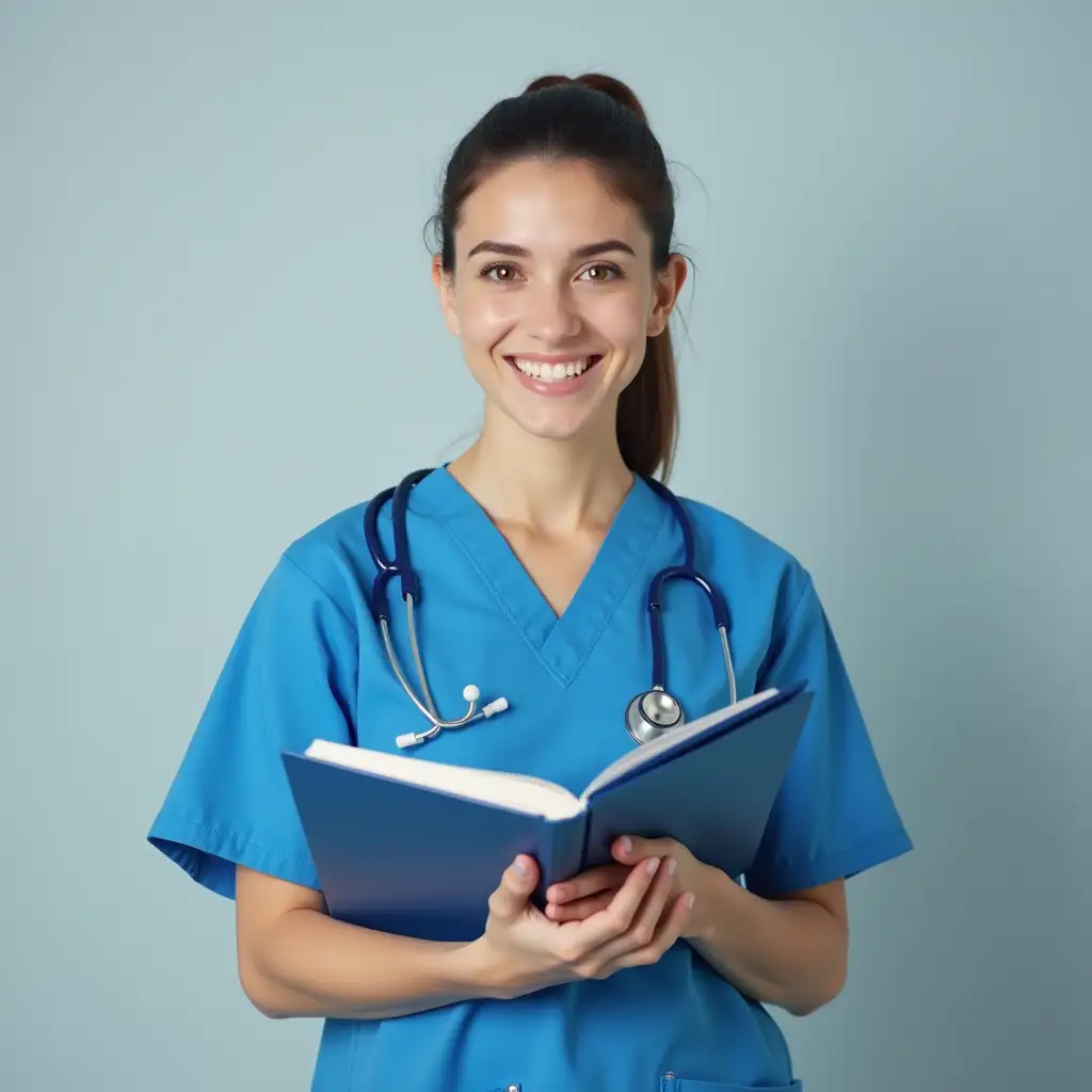 A nurse is standing in a blue shirt with a book in her hands