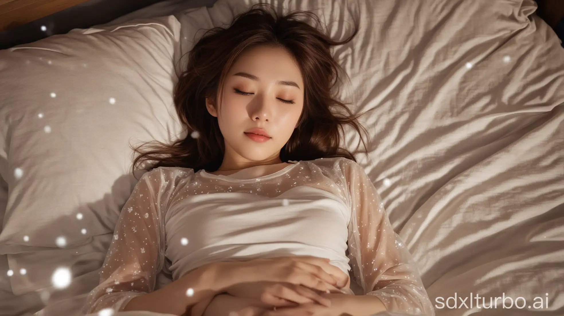 Chinese-Woman-Sleeping-in-Winter-Night-in-Transparent-TightFit-TShirt-and-Long-Skirt