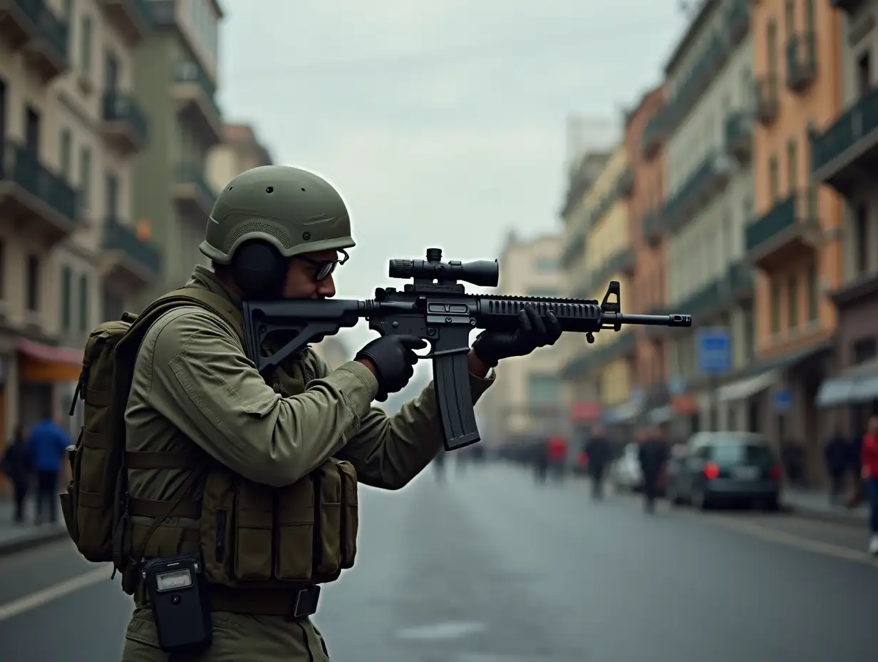 Soldier aiming rifle in city street