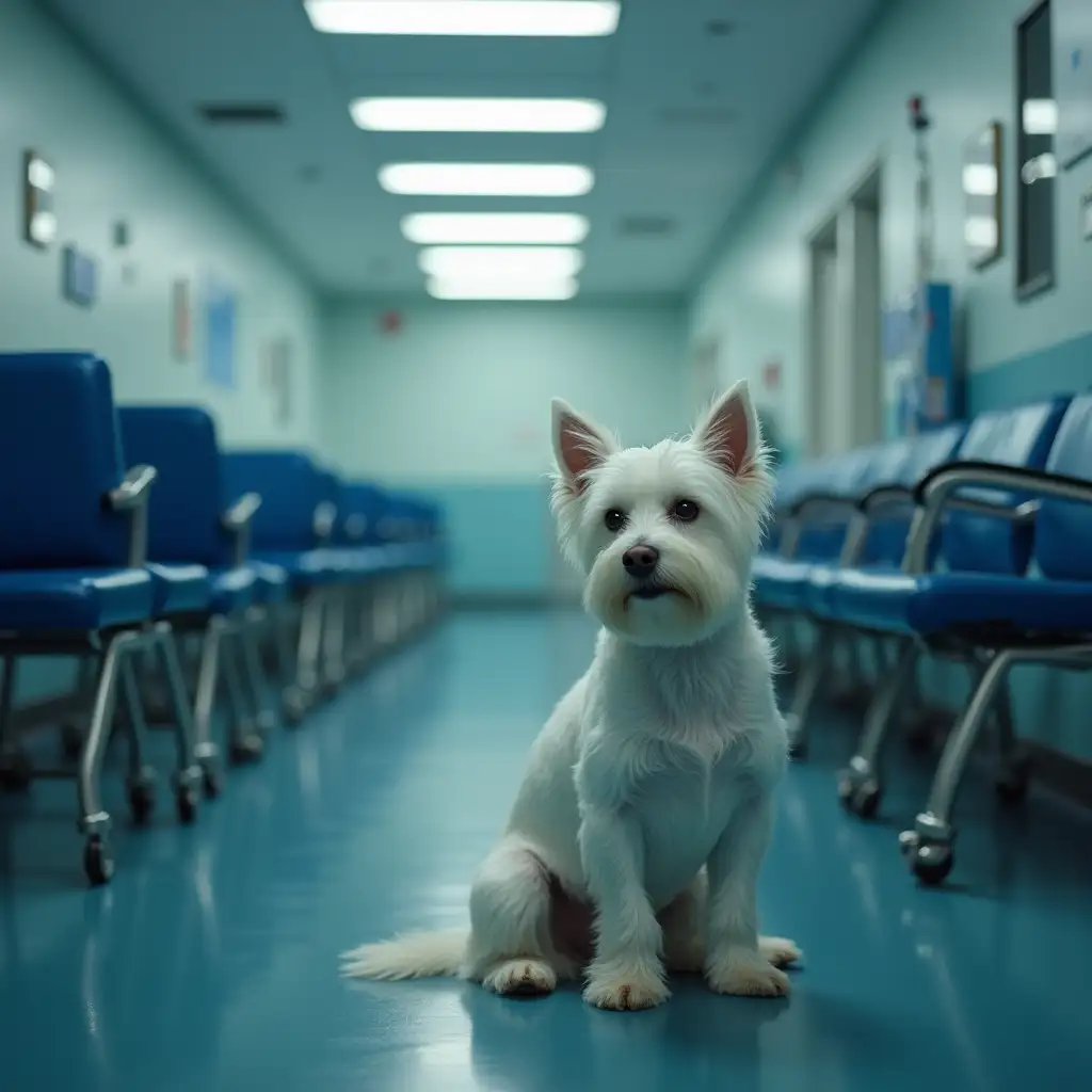 masterpiece, best quality, highly detailed, 1girl, (West Highland White Terrier:1.2), white fluffy dog, sitting upright like human, hospital waiting room, receiving IV drip, medical equipment, (multiple empty blue chairs:1.3), hospital interior, clean environment, (lonely atmosphere:1.4), melancholic mood, quiet scene, soft diffused lighting, late evening, shadows casting, (solitary figure:1.2), emotional scene, introspective moment, detailed hospital background, sterile environment, patient gown, drooping ears, gentle sad expression, cinematic composition, depth of field, bad anatomy, bad hands, text, error, missing fingers, extra digit, fewer digits, cropped, worst quality, low quality, normal quality, jpeg artifacts, signature, watermark, username, blurry, artist name, bad feet, ugly, duplicate, morbid, mutilated, mutated hands, poorly drawn hands, poorly drawn face, mutation, deformed, blurry, bad proportions, crowd, multiple dogs, busy scene, cheerful atmosphere