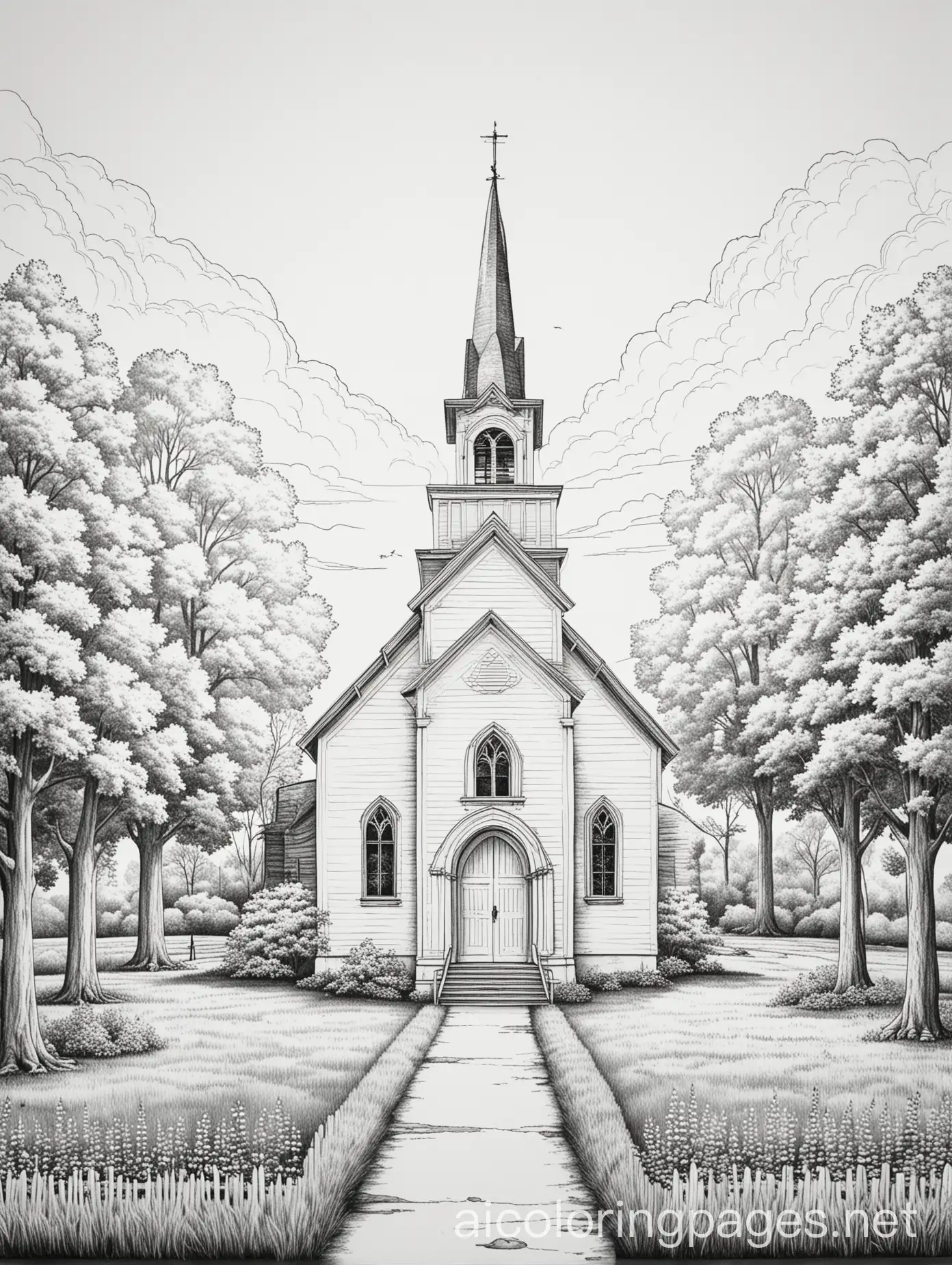 Old country church, black and white, line drawing, white space, Coloring Page, black and white, line art, white background, Simplicity, Ample White Space. The background of the coloring page is plain white to make it easy for young children to color within the lines. The outlines of all the subjects are easy to distinguish, making it simple for kids to color without too much difficulty