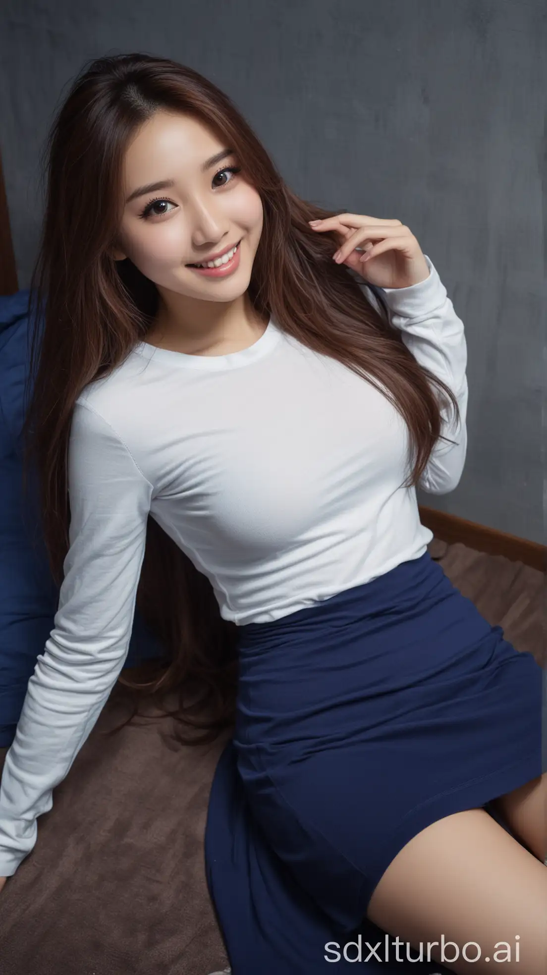 Chinese-Woman-in-Winter-Night-Long-Brown-Hair-and-Sweet-Smile-Lying-on-Floor-in-Tight-TShirt-and-Long-Skirt