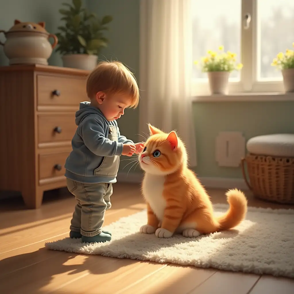 In a warm house, a cat and a little child always take care of their cleanliness. Every day, it spends time tidying up.