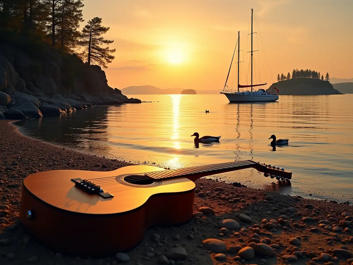 Lake Ladoga, sunset, rocky cliffs, In the distance 2 islands, pines, six-string guitar lies on the shore and illuminated by the sun. A yacht sails on the water. In the distance, tents are visible on the islands. There are three ducks swimming near the shore. Photorealism