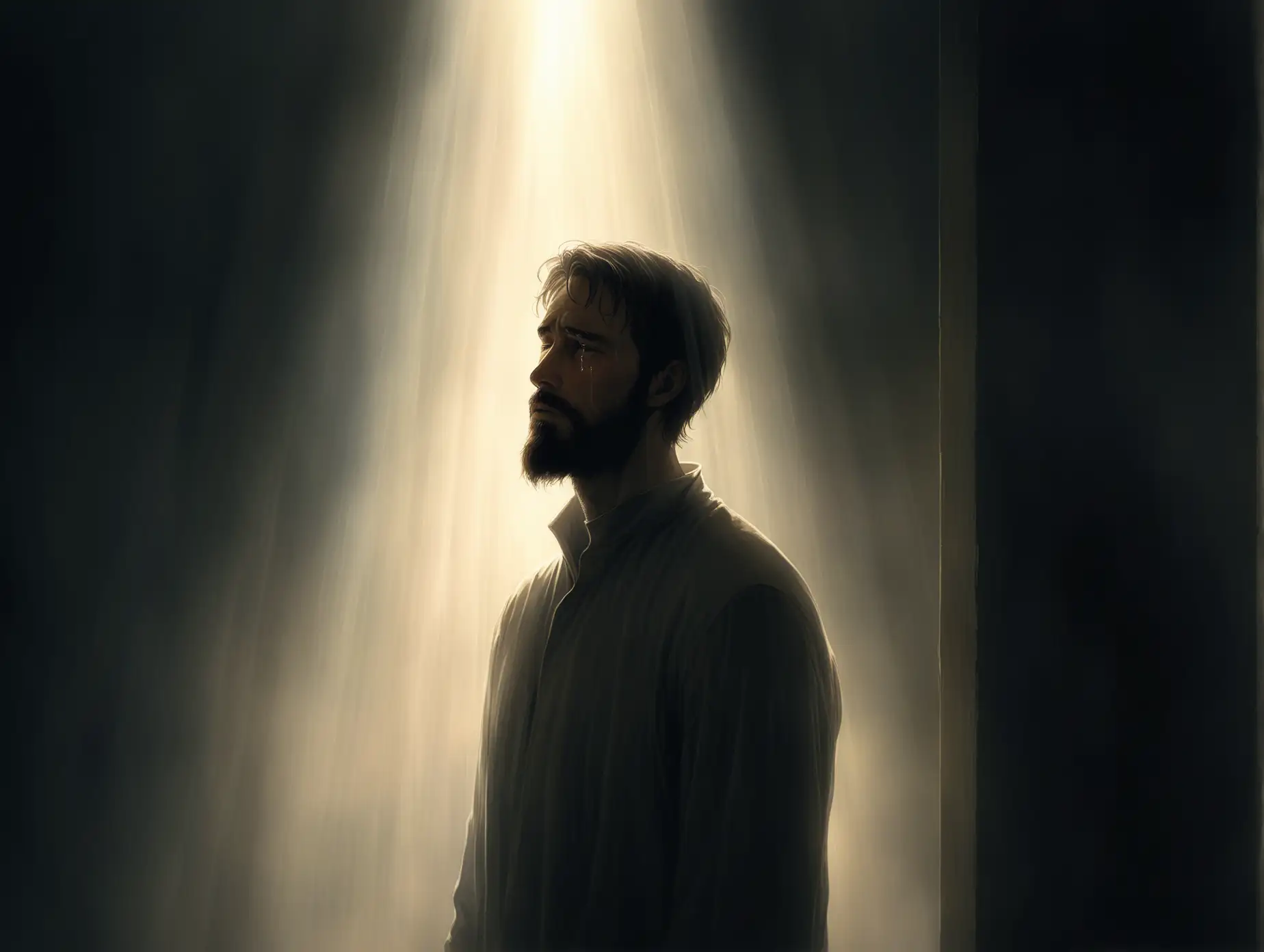 A bearded man in his late 30s stands alone in a soft, ethereal setting, with tears welling up in his eyes as he gazes upward with a look of deep yearning and sorrow. Behind him, a faint, gentle image of a mother appears in a soft, warm light, as if watching over him from afar. The scene is dreamlike, with muted colors and a hazy atmosphere, symbolizing memory and loss. Subtle beams of light softly illuminate the man, emphasizing his profound longing for his mother.