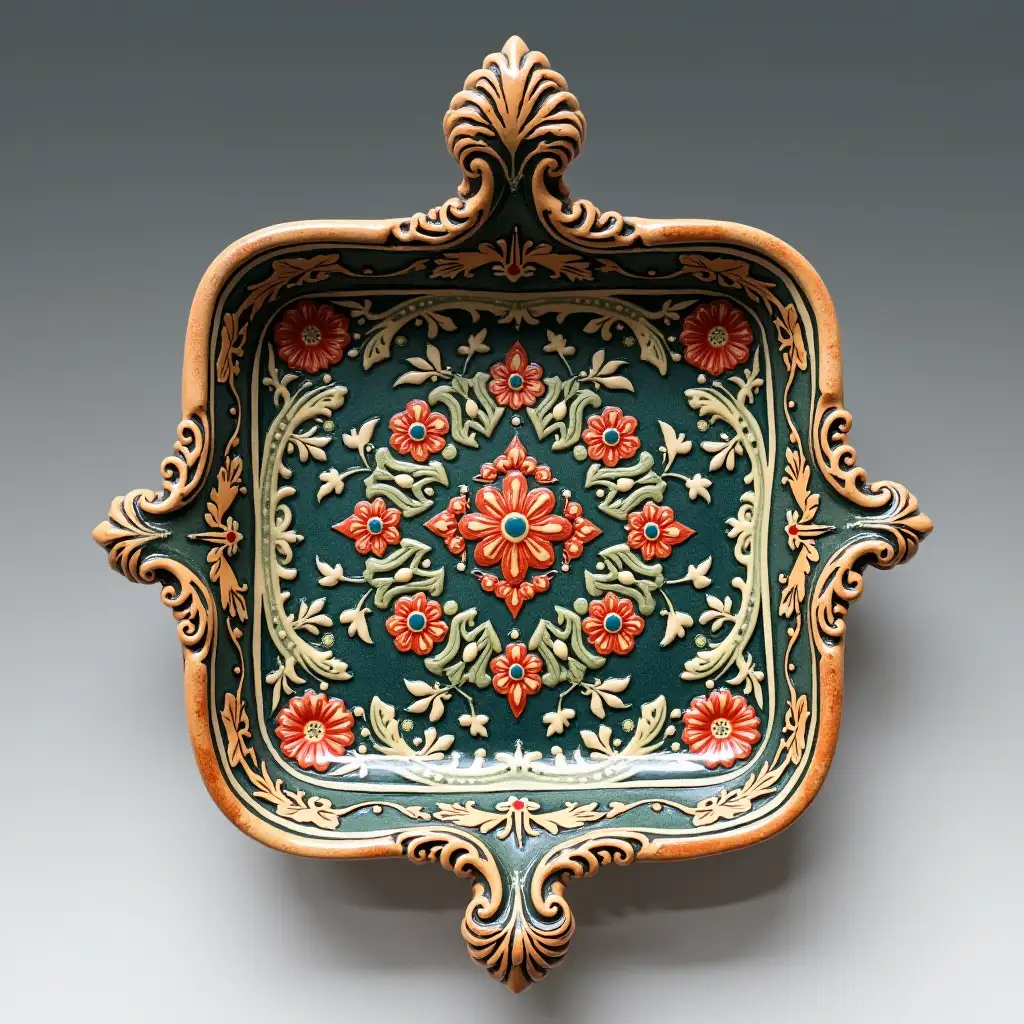 Square with rounded corners ceramic serving dish with embossed beautiful handle,Fine art, Hyper detailed,Antique and old, Qajar art, Iranian Tabriz carpet design