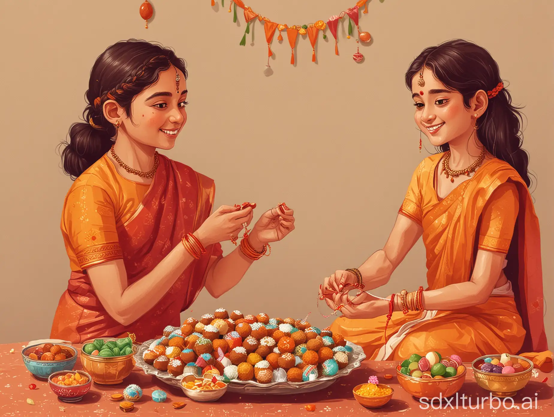 Heartwarming-Raksha-Bandhan-Vector-Illustration-Brother-and-Sister-Exchanging-Rakhi-and-Gifts-with-Indian-Sweets-and-Festive-Decor