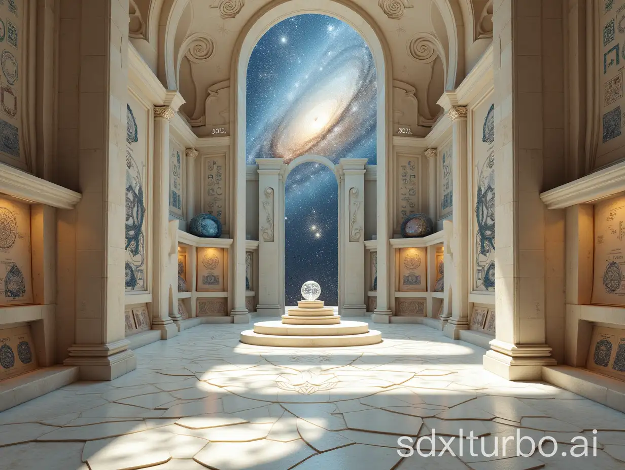 a carved white stone hall with  formulas and spirals on the walls, carved pillars altar with mandalas, many glassy polyhedra on shelves, papers and large posters with mandalas et formulas, pictures of fractals, galaxie and starry sky in the background, off white, blueish and warm colors, high precision, low saturation