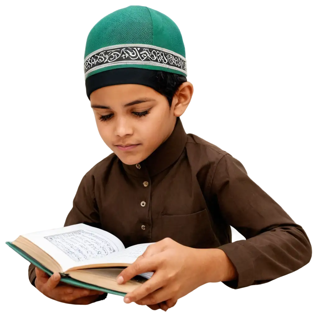 A child reading quran and wear Muslim cap