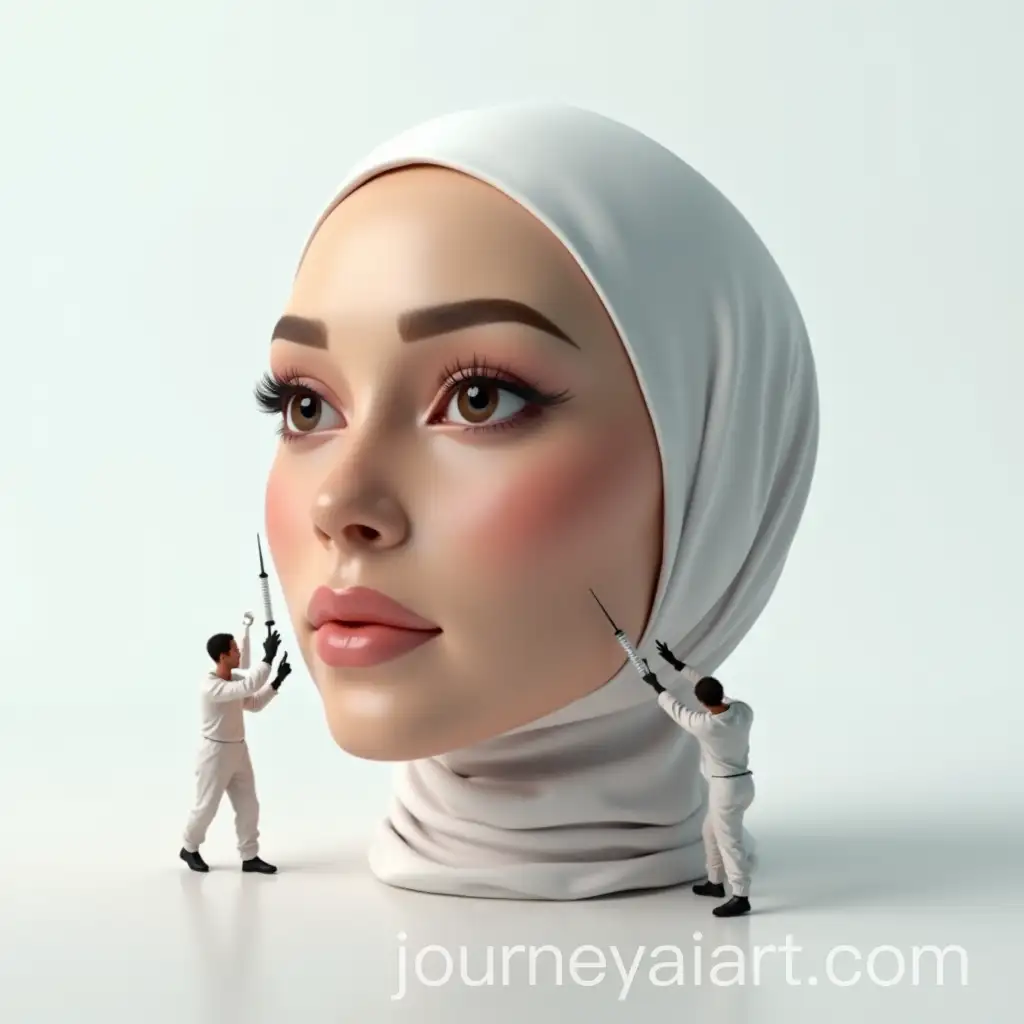 Giant-Hijabi-Womans-Head-with-Workers-Performing-Cosmetic-Procedures