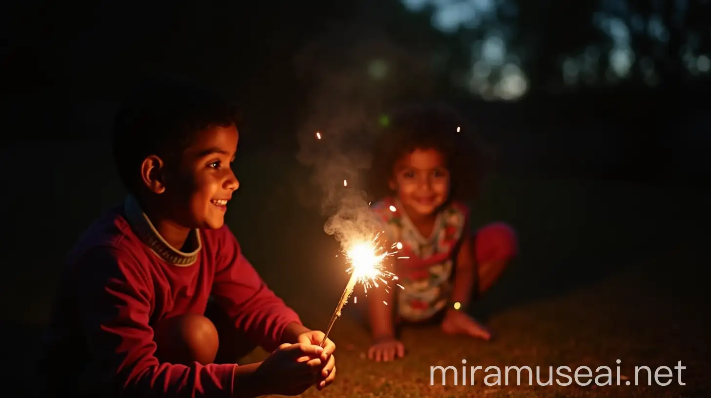 Indian Children Enjoying Fireworks at Night