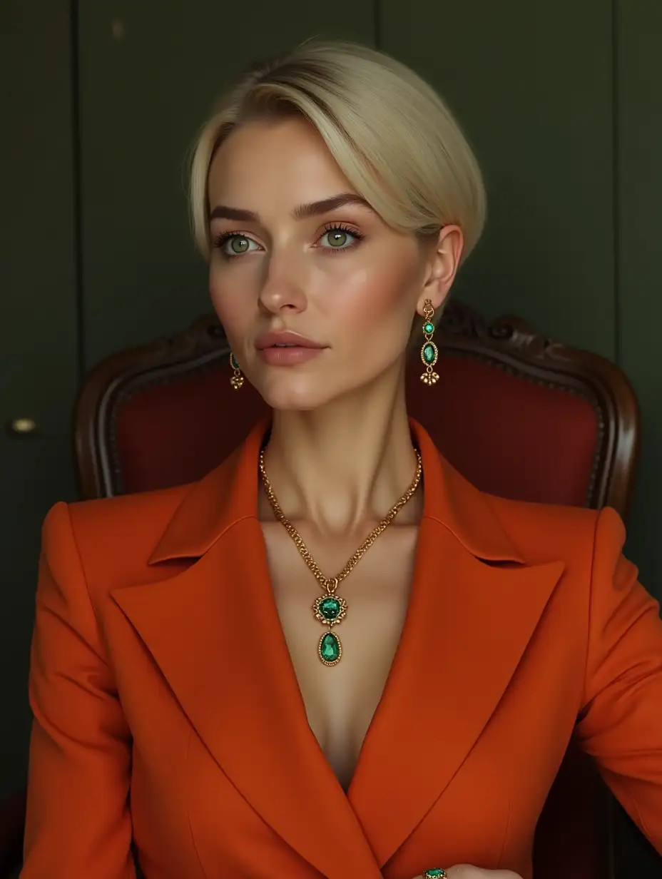 Woman under 40 years old, green eyes, medium build, height 160 cm, on her neck a golden chain of medium size, on the chain a neat pendant with alexandrite, earrings - spherical shape, small ears, short hairstyle, light hair, sitting on a chair full circle, neat nose, red-orange suit, ring with alexandrite stone on finger