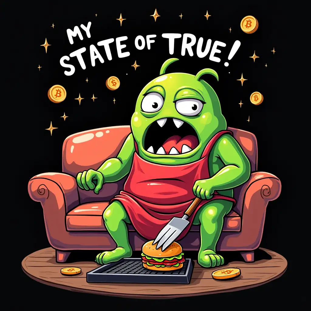 illustration suitable for screen printed T-Shirt design, concept art with mixed vegan anthropomorphic colorful A bored big crazy screaming looking blob green creature sitting on the sofa and spanking the burger on the grill barbecue and wearing a red apron, there is a written word upper: MY TRUE STATE OF MIND! star skies with flying bitcoins, CGI art highly detailed, vector Flat design, clean bold, sharp crisp outlines, isolated in black background