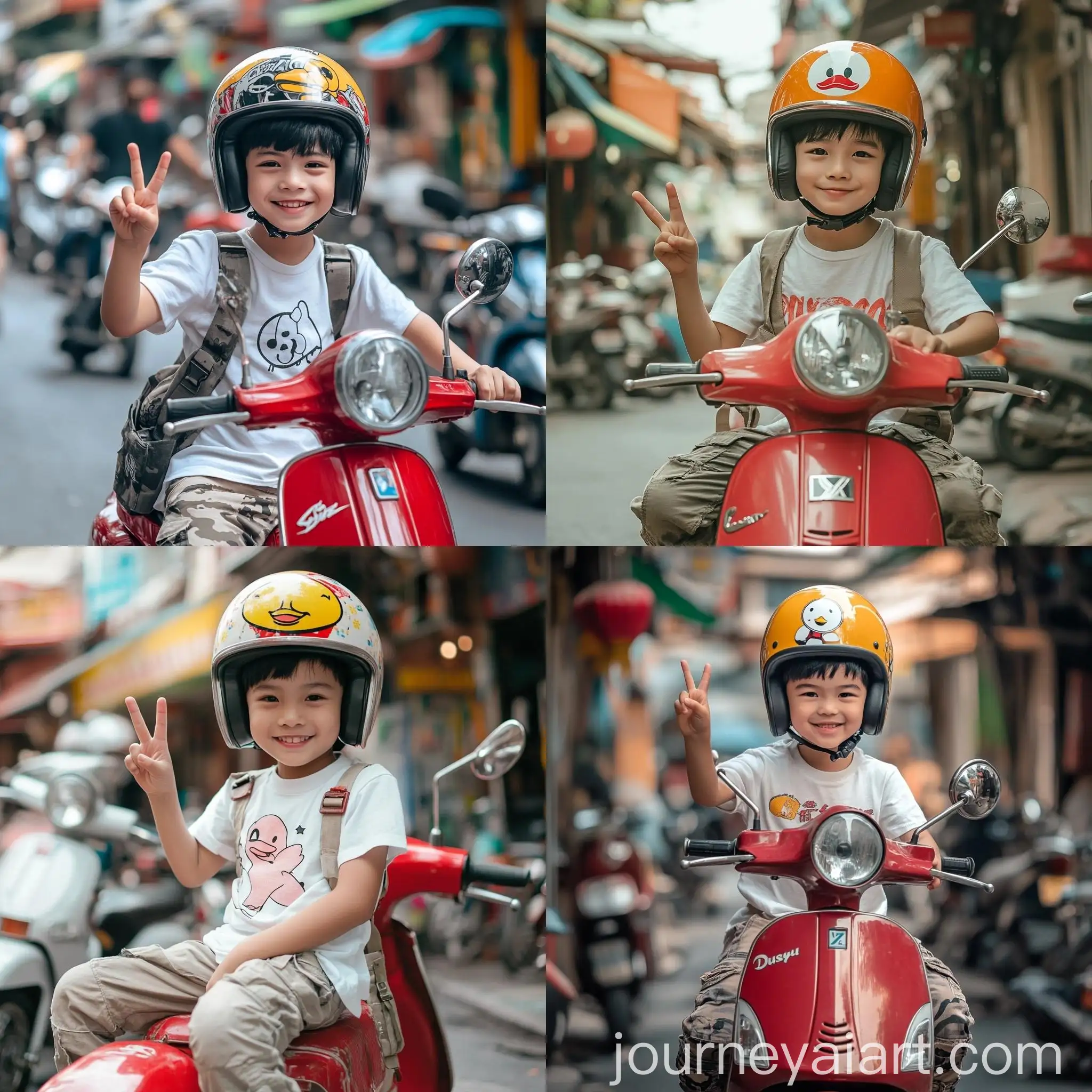 Boy-with-Black-Hair-Giving-Peace-Sign-on-Red-Vespa-Disney-Style