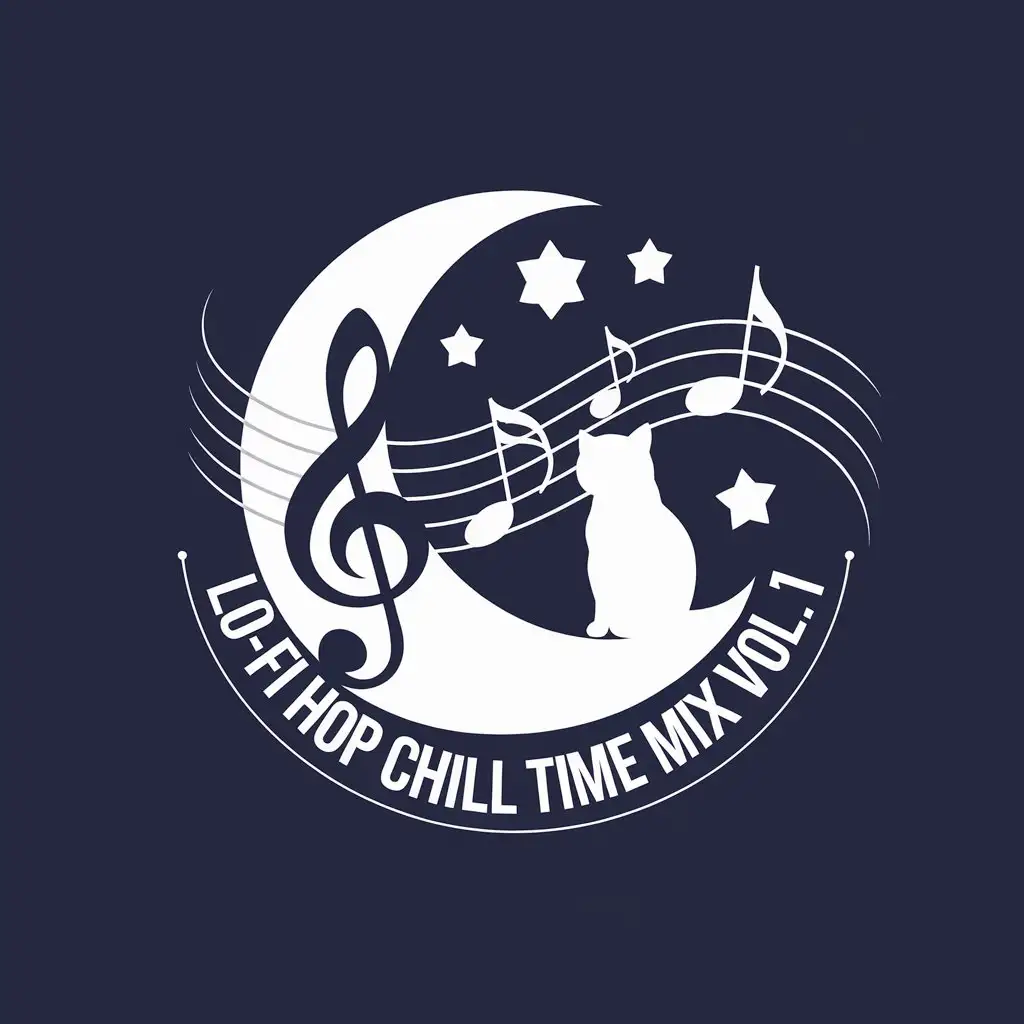 LOGO Design for Lofi Hip Hop Chill Time Mix Vol1 Moon Cat Silhouette with Stars and Musical Notes in Navy Blue White