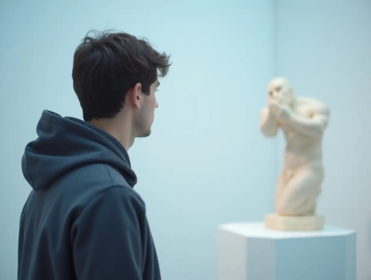 Minimal portrait of young man looking at modern art sculpture while visiting gallery or museum in white and blue tones copy space