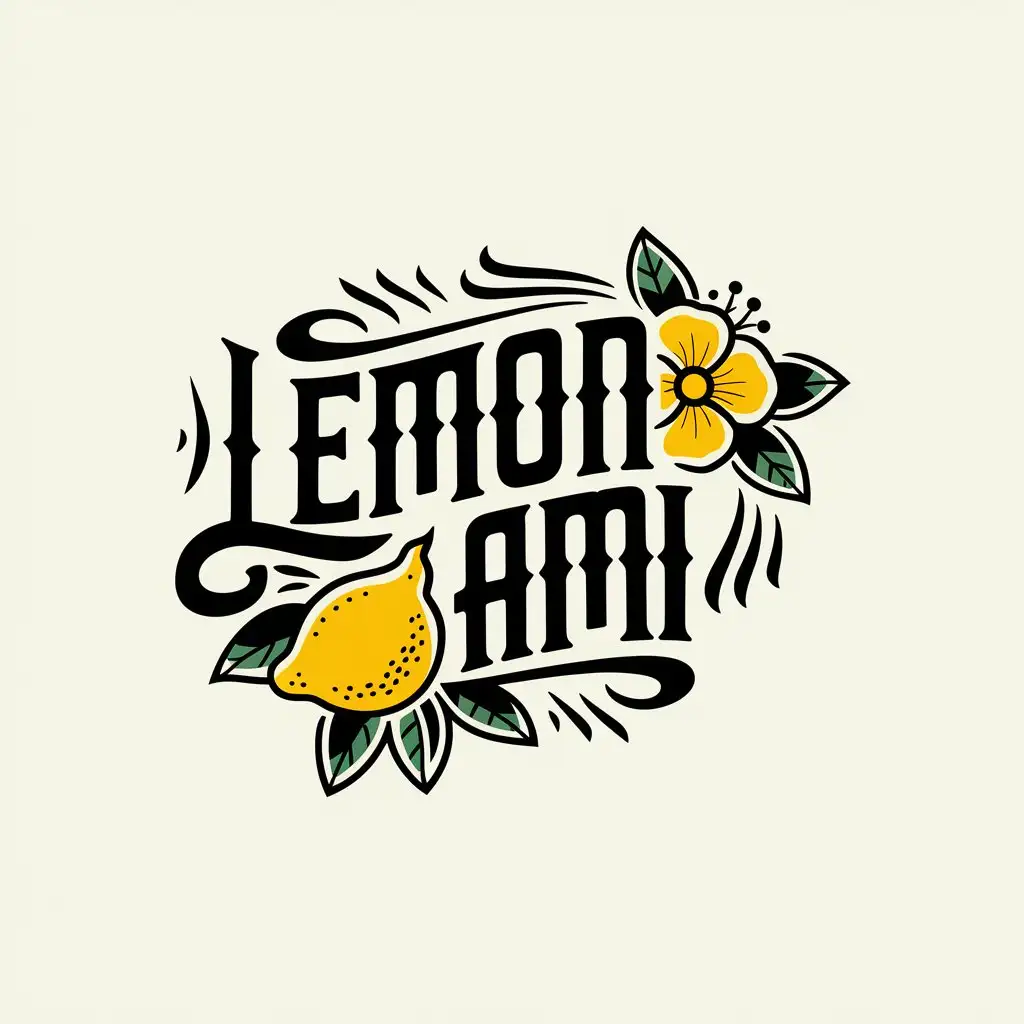 a vector logo design,with the text "Lemon AMI", main symbol:Stile tattoo old school traditional vintage monochrome lemons and flowers,Moderate,clear background