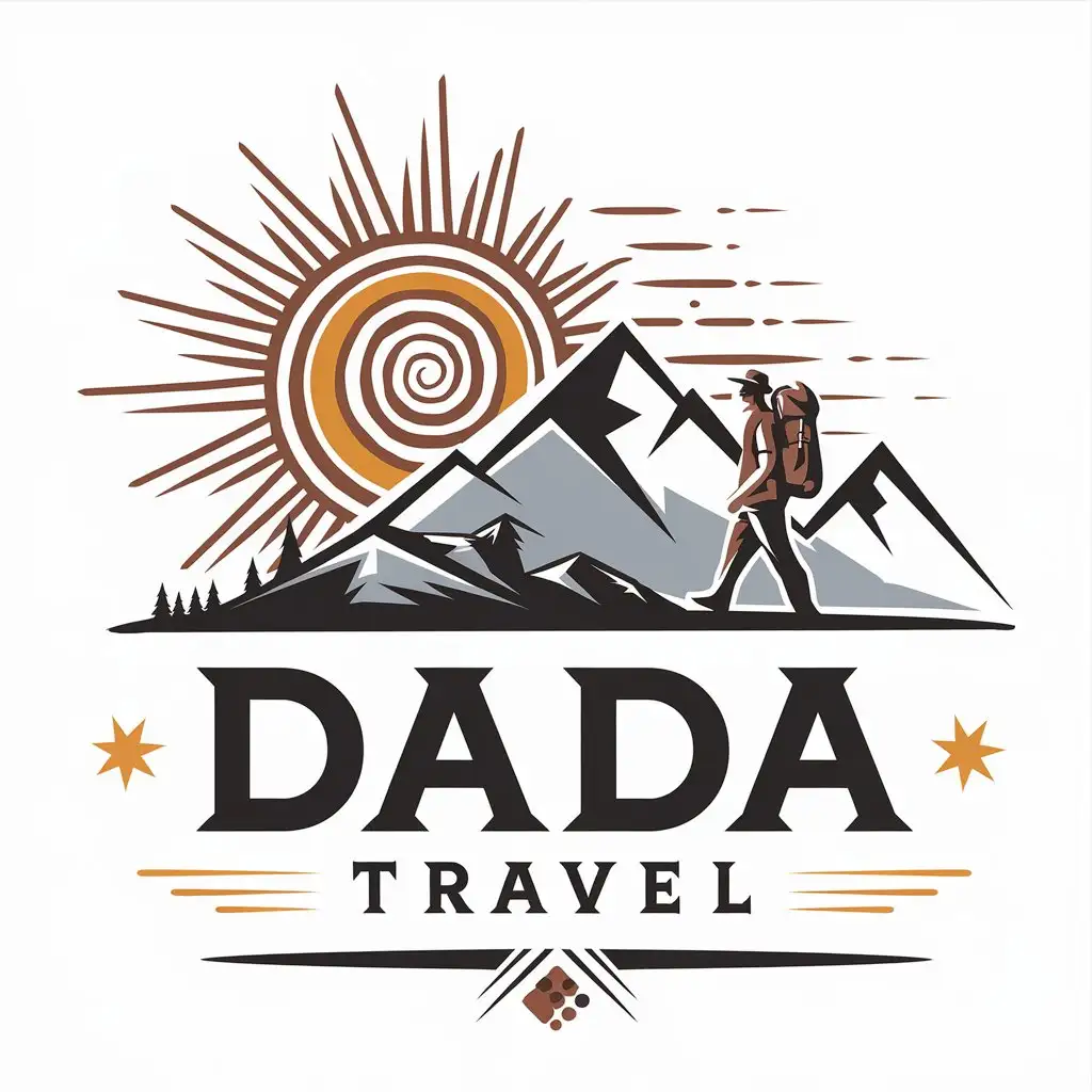 LOGO Design for DaDa Travel Spiral Sun Mountains and Traveler Theme