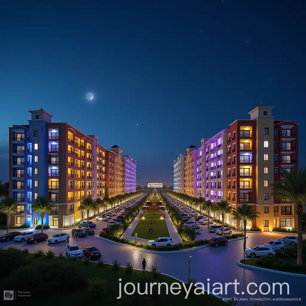 Al-Rowad-Residential-Compound-at-Night-with-Colorful-Buildings-and-Sudanese-People