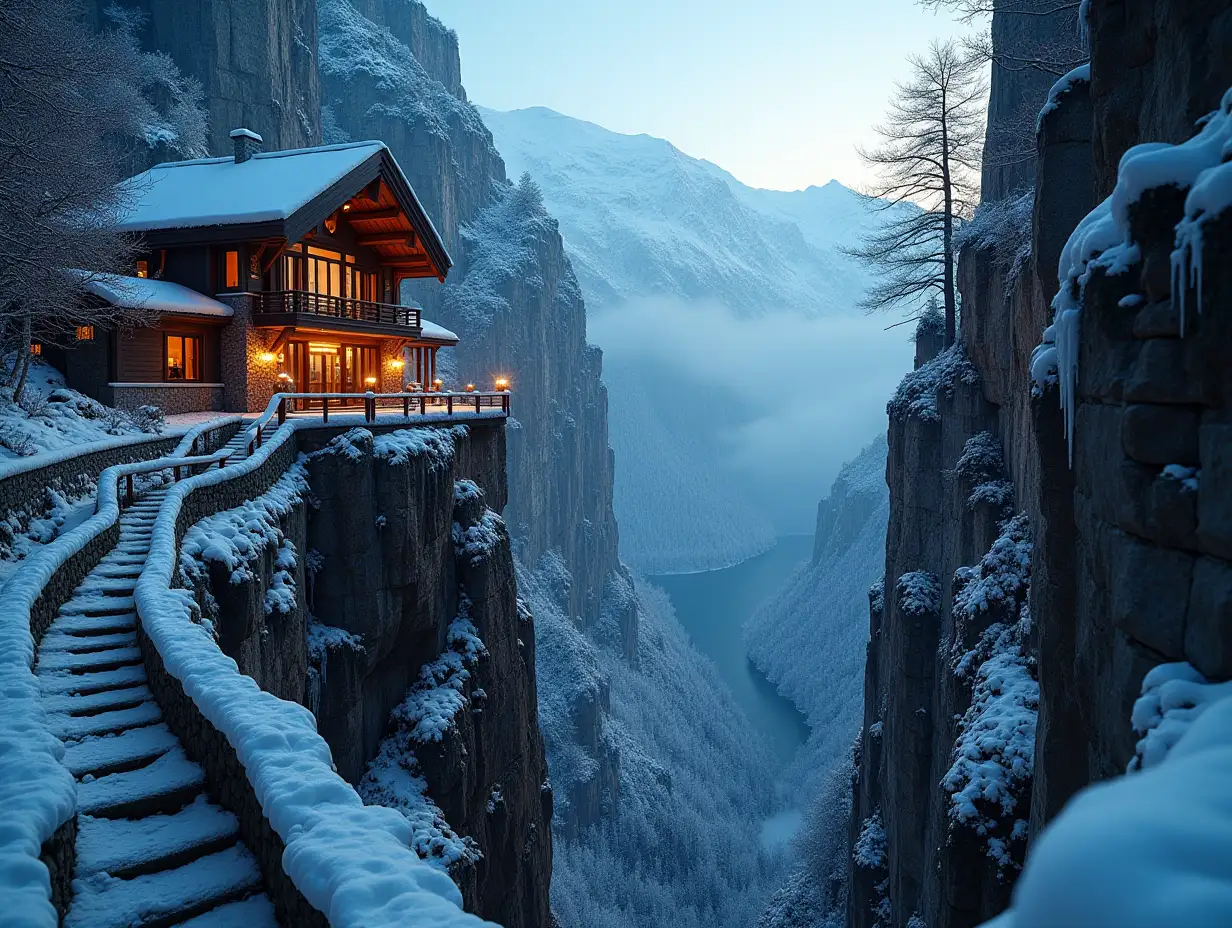 Luxury-Chalet-Overlooking-SnowCovered-Mountain-Canyon-at-Dusk