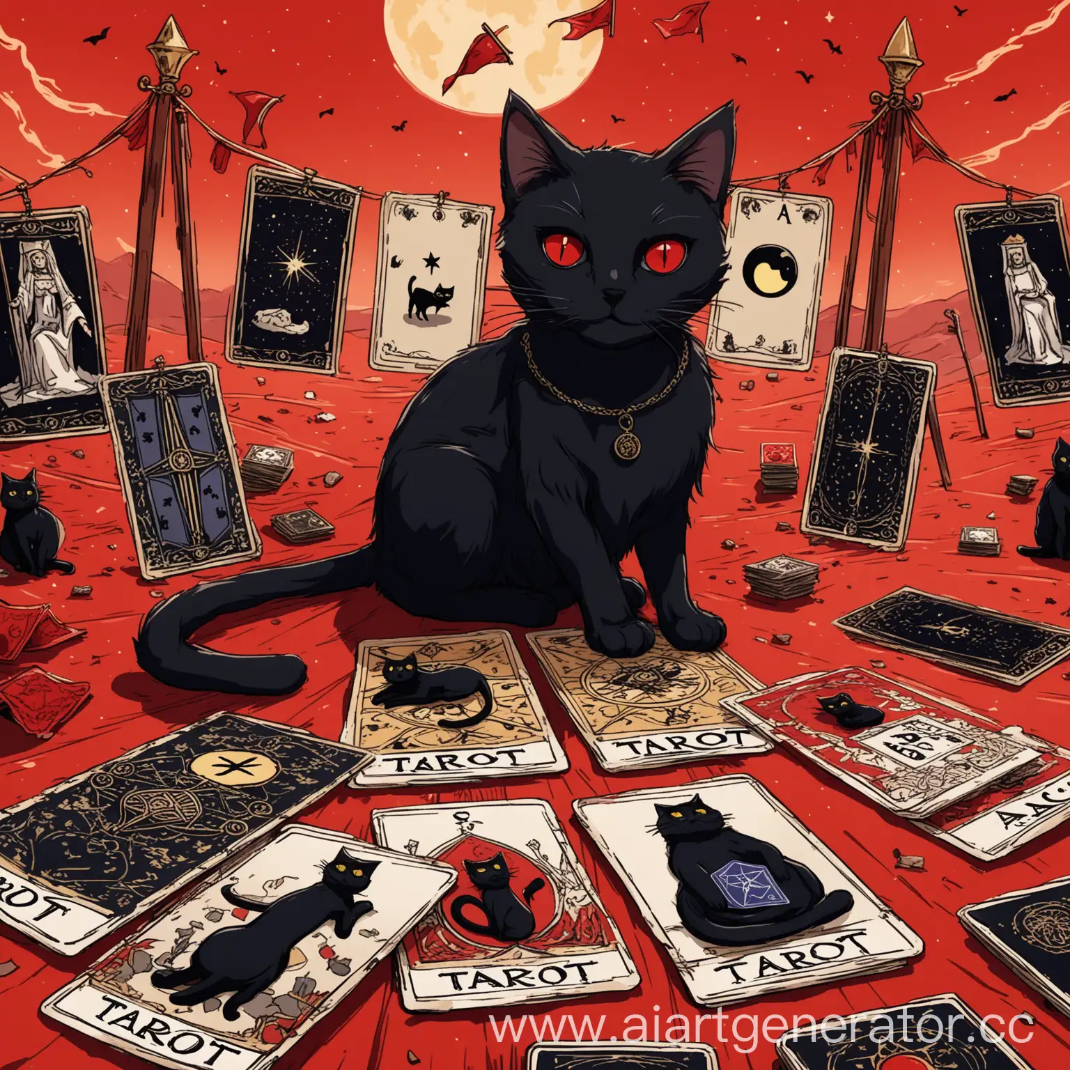 Mystical-Black-Cat-with-Tarot-Cards-and-Red-Flags