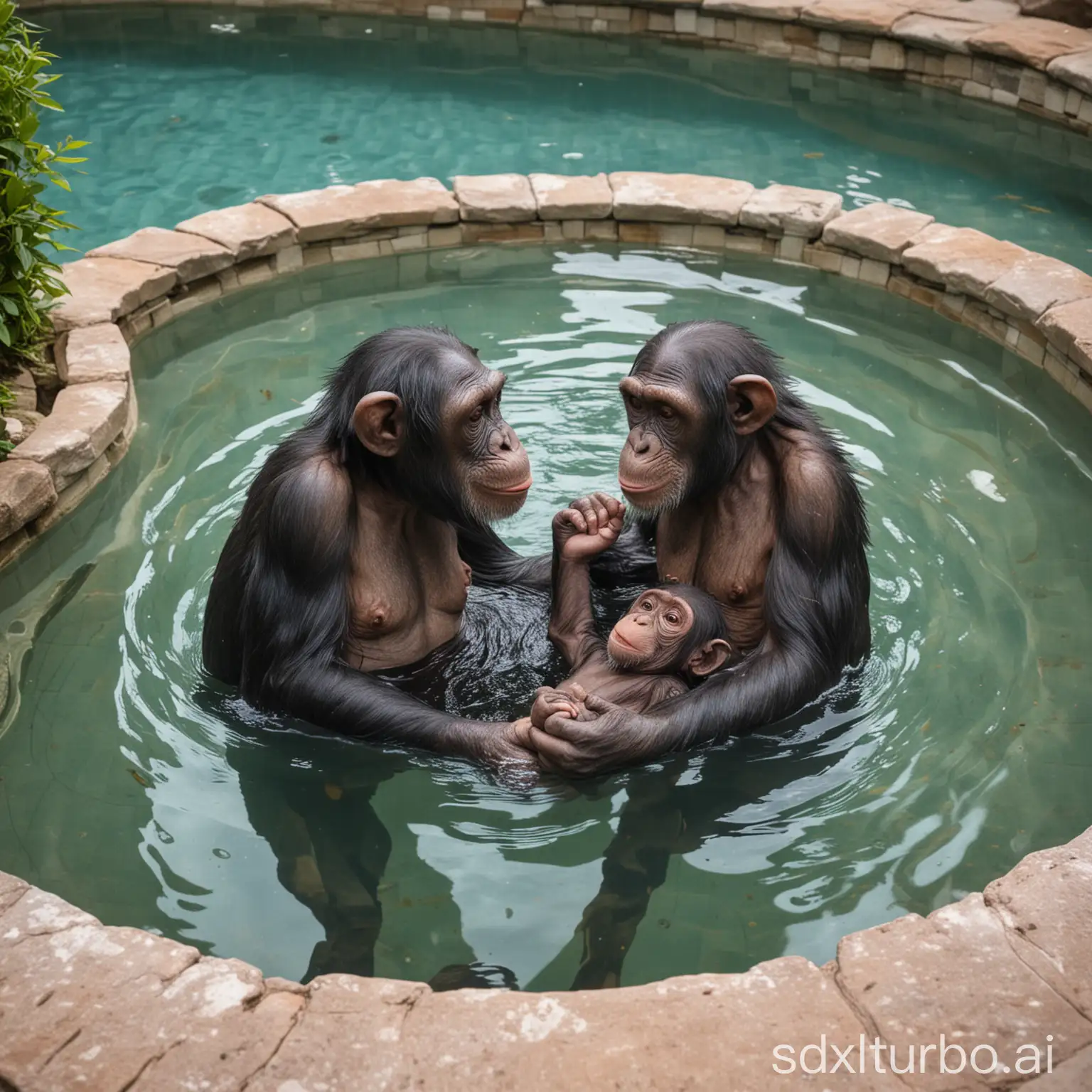 Two chimpanzees playing with their cub in the pool of a beautiful spa