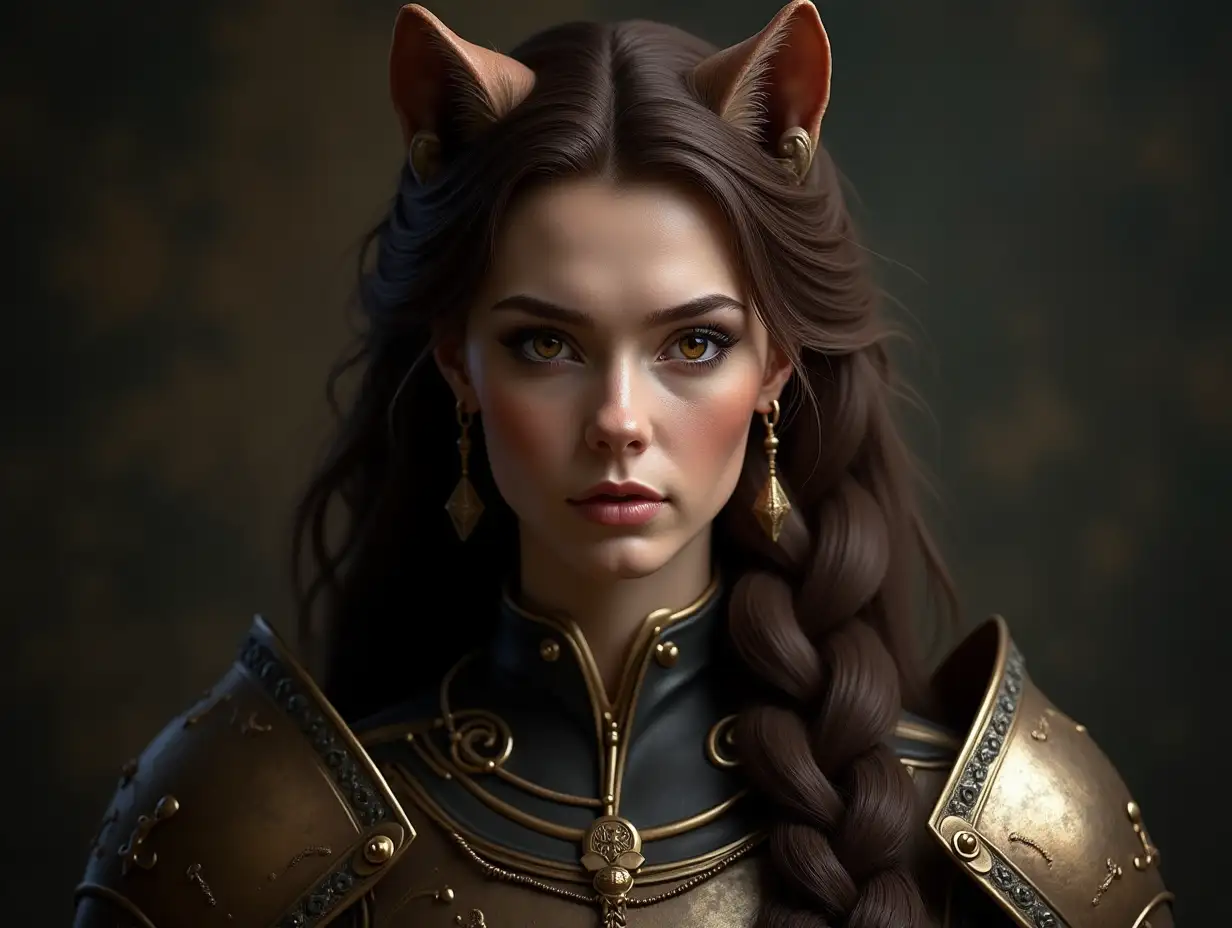 photo of an anthropomorphised lioness 30 years old Paladin, cat face, dark brown hair viking braid, highly detailed face, detailed bronze eyes, head shot, intricate pauldrons, ear rings, fantasy style, serene, graceful,