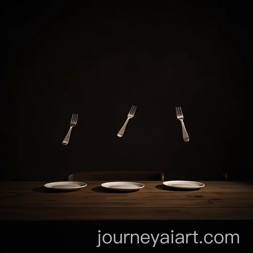 Floating-Cutlery-in-Dimly-Lit-Room-with-Three-Table-Settings
